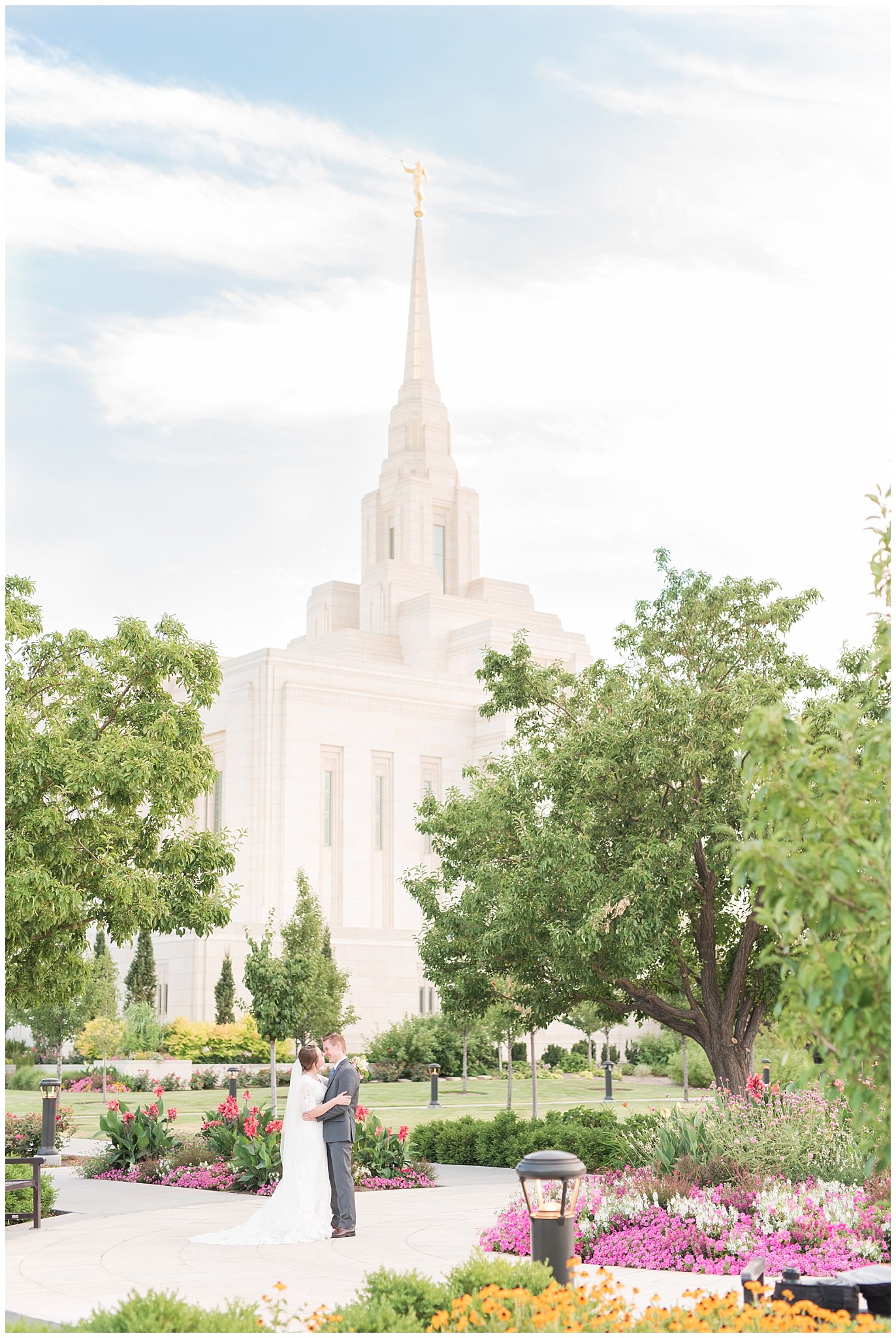 Bride and groom portraits with bride in elegant lace dress and veil, groom in grey suit and light blue tie | Ogden Temple Summer Formal Session | Ogden Temple Wedding | Jessie and Dallin Photography