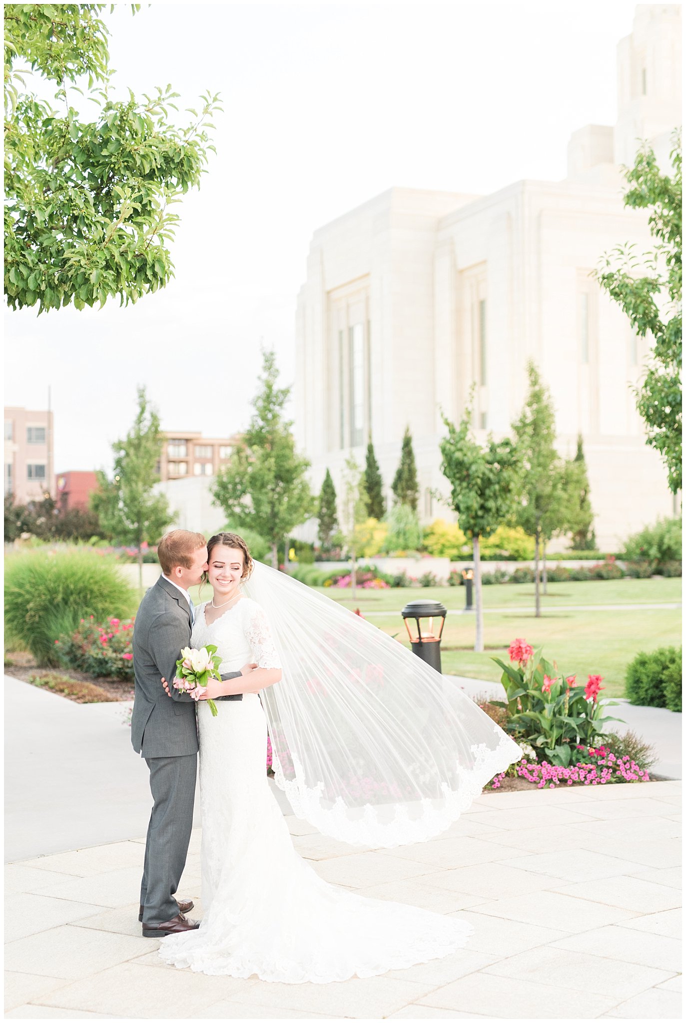 Bride and groom portraits with bride in elegant lace dress and veil, groom in grey suit and light blue tie | Ogden Temple Summer Formal Session | Ogden Temple Wedding | Jessie and Dallin Photography