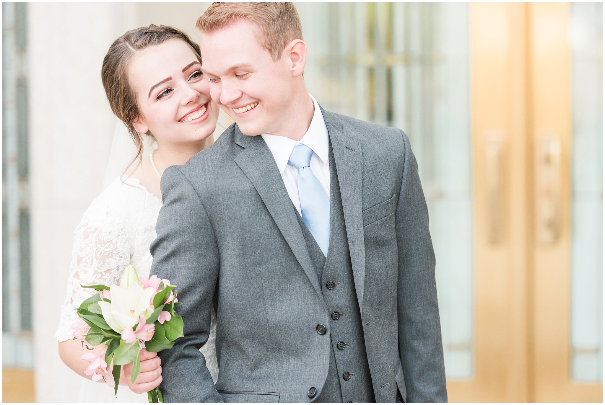 Bride and groom portraits with bride in elegant lace dress and veil, groom in grey suit and light blue tie | Ogden Temple Summer Formal Session | Ogden Temple Wedding | Jessie and Dallin Photography