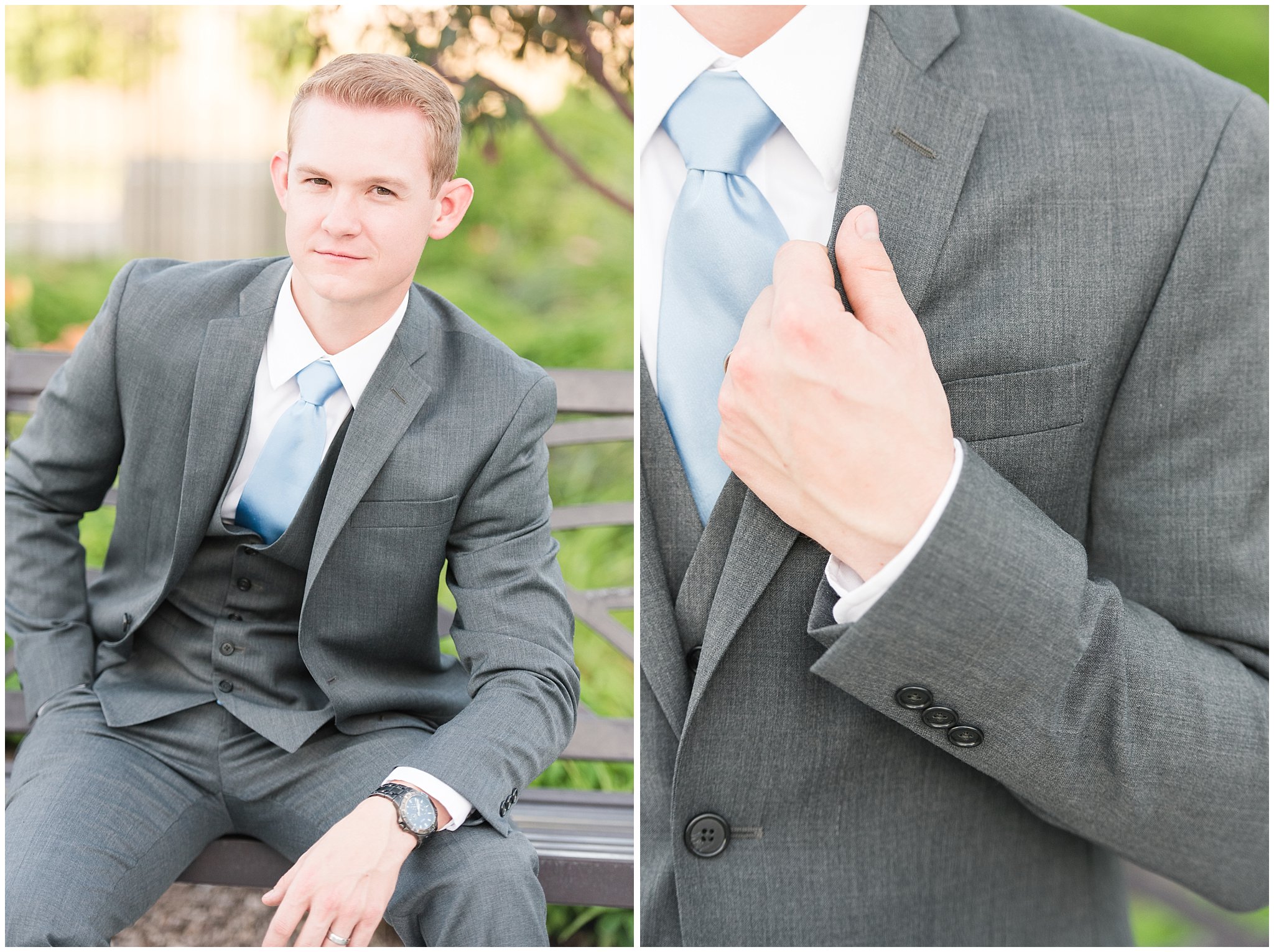 Groom portraits with groom in grey suit and light blue tie | Ogden Temple Summer Formal Session | Ogden Temple Wedding | Jessie and Dallin Photography