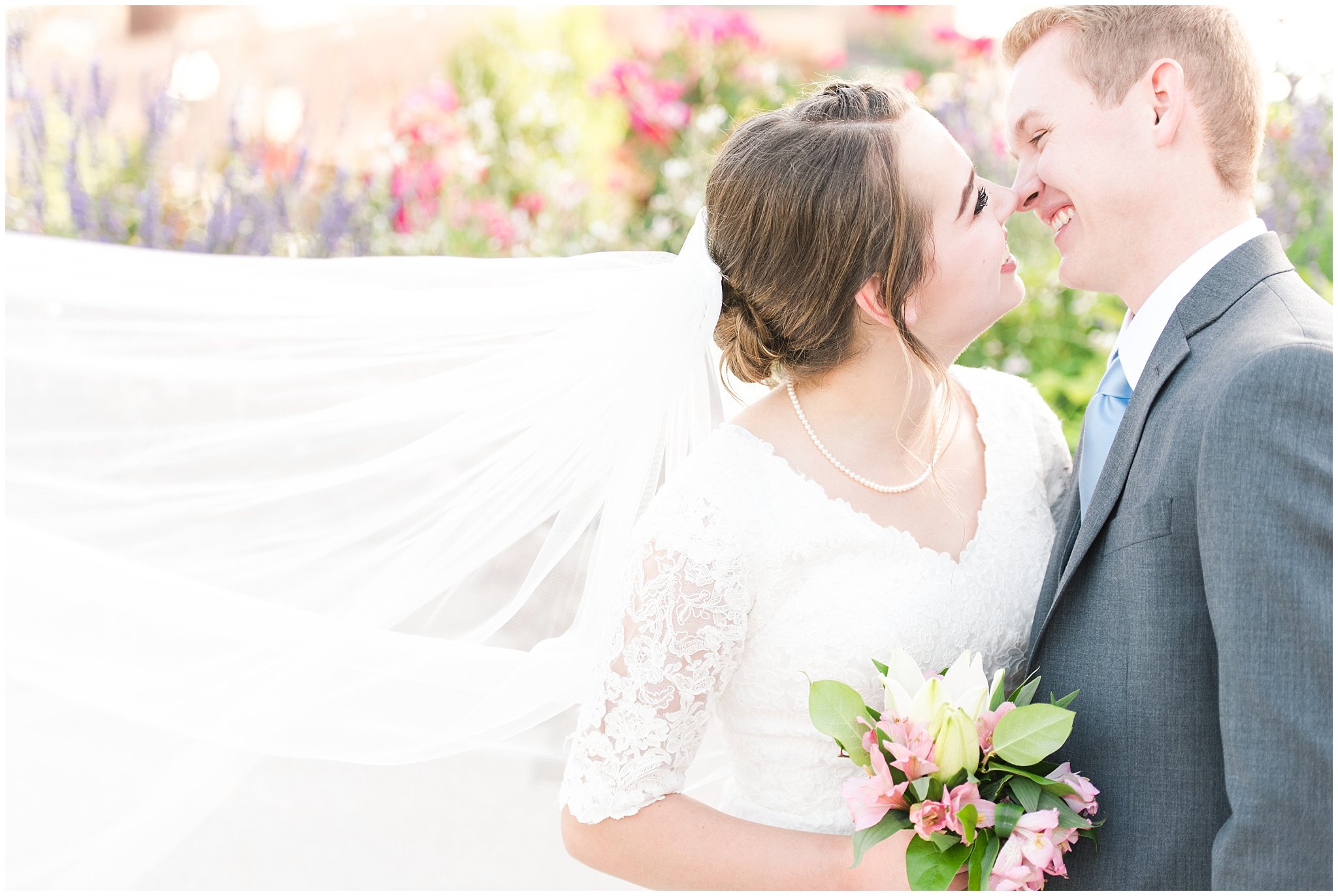 Bride and groom portraits with bride in elegant lace dress and veil, groom in grey suit and light blue tie | Ogden Temple Summer Formal Session | Ogden Temple Wedding | Jessie and Dallin Photography