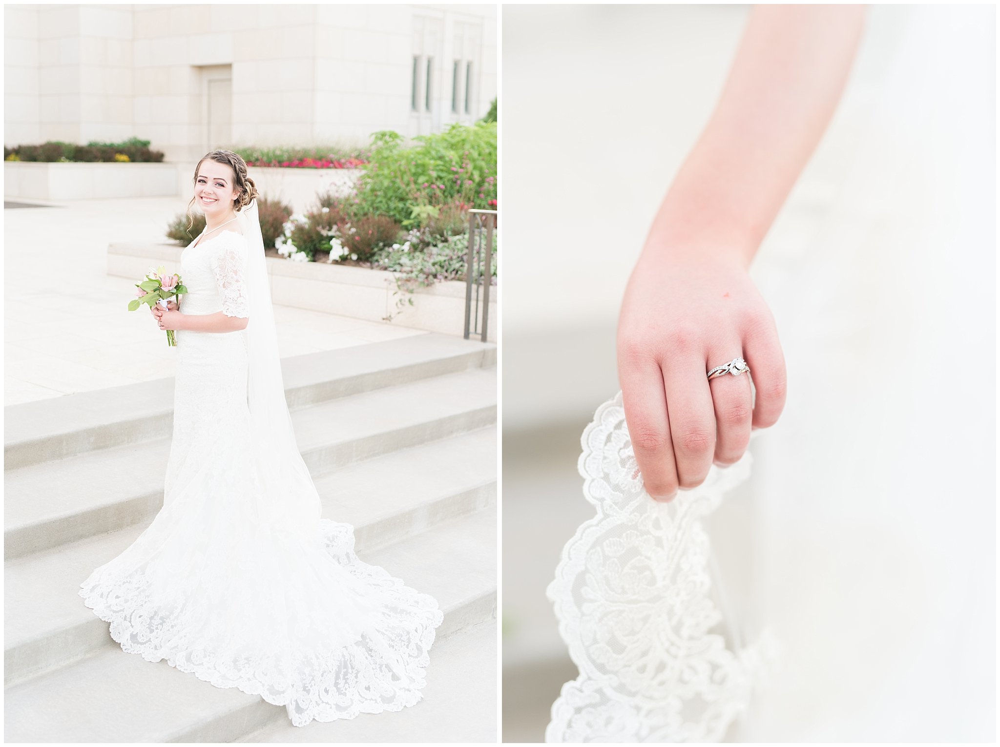 Bridal portraits with bride in elegant lace dress and veil | Ogden Temple Summer Formal Session | Ogden Temple Wedding | Jessie and Dallin Photography