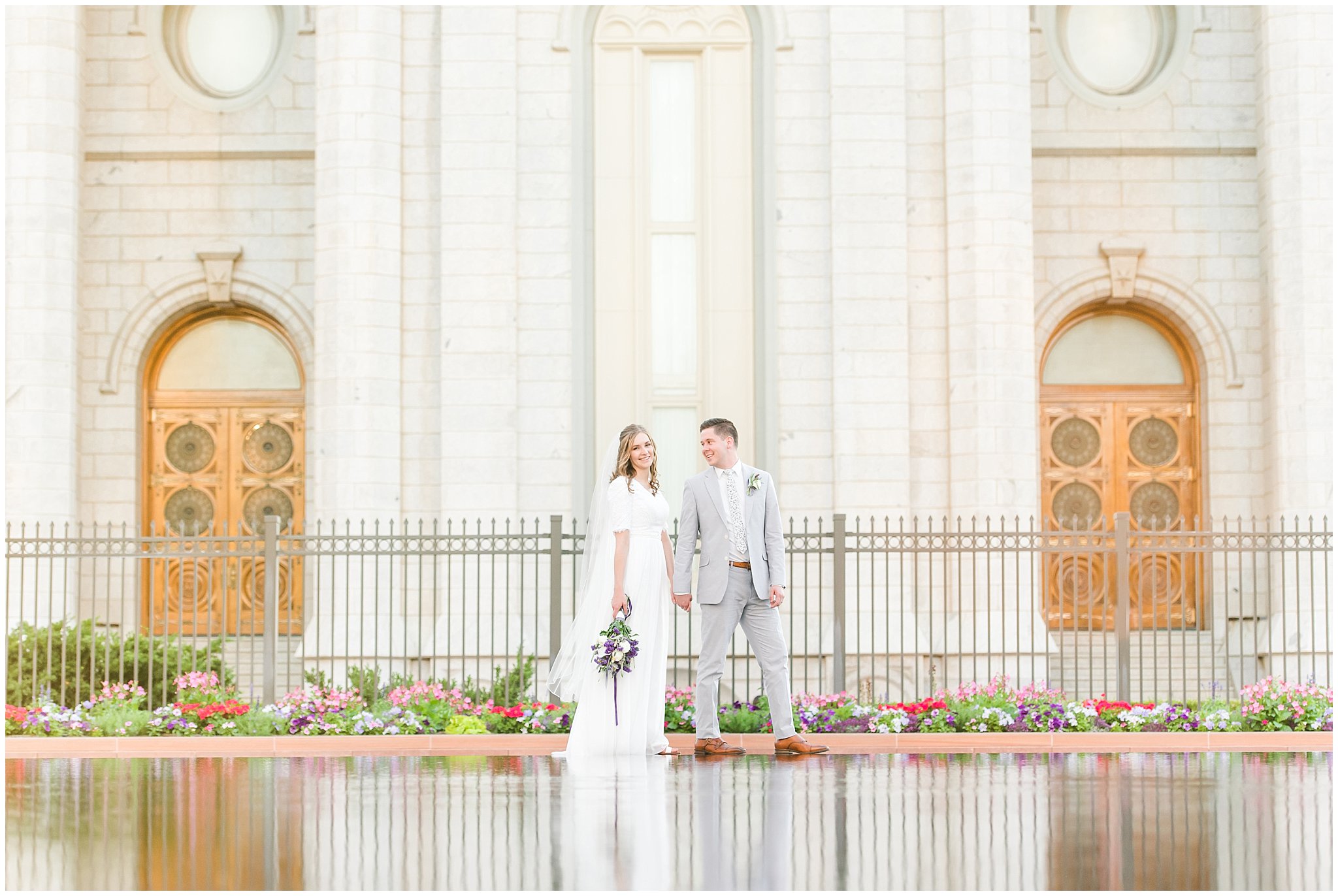 Bride in simple elegant dress with lavender bouquet and groom in grey suit with lavender floral tie | Salt Lake Temple Wedding | Utah Wedding Photographers | Jessie and Dallin Photography