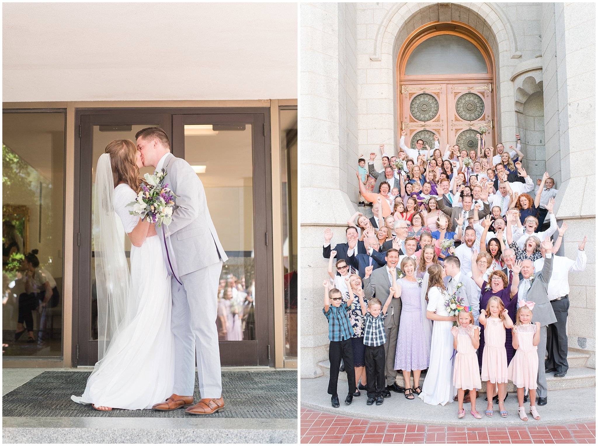 Bride in simple elegant dress with lavender bouquet and groom in grey suit with lavender floral tie | Kiss on temple stairs | Salt Lake Temple Wedding | Utah Wedding Photographers | Jessie and Dallin Photography
