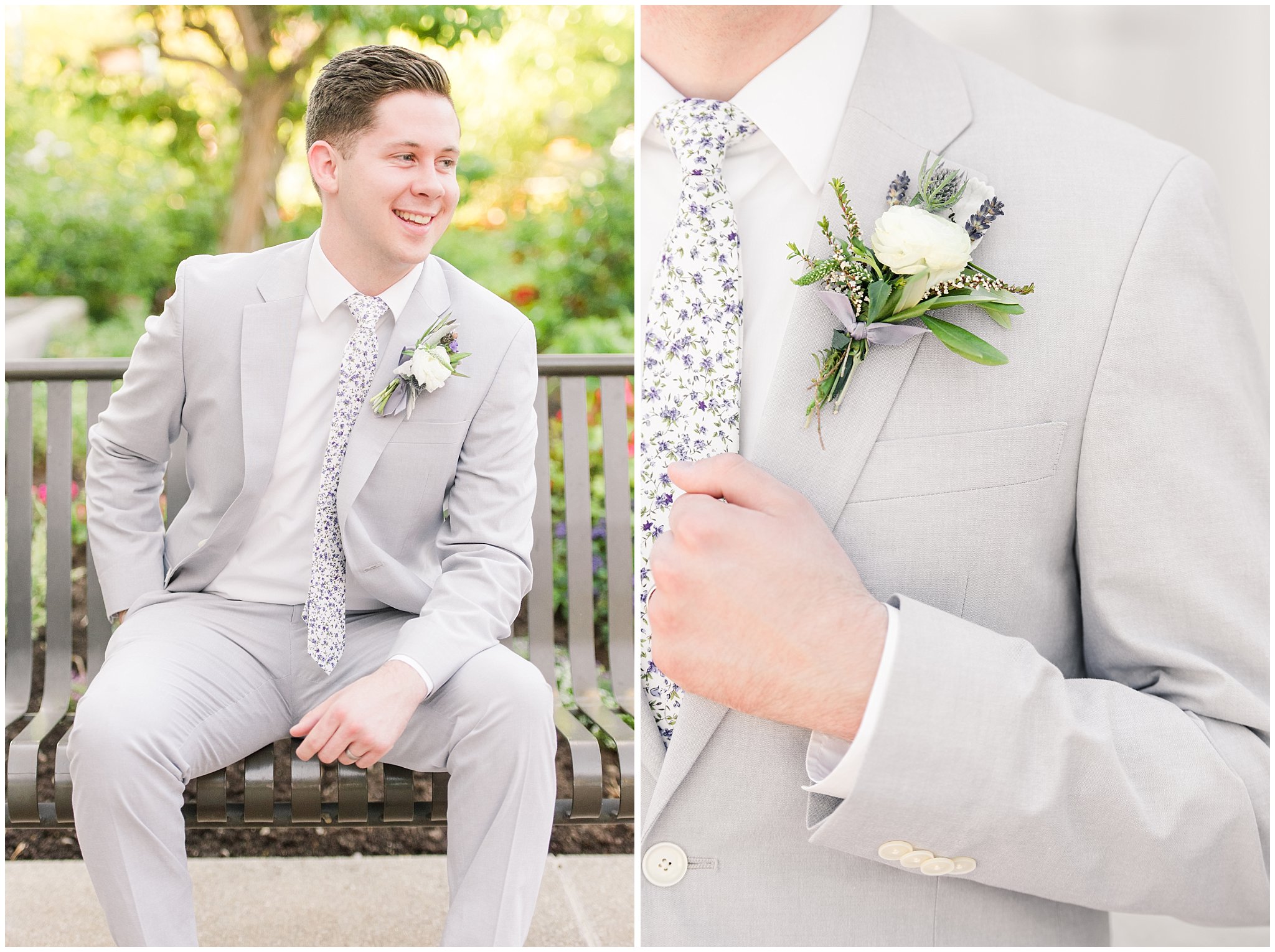 Groom in grey suit with lavender floral tie | Salt Lake Temple Wedding and Clearfield City Hall Reception | Utah Wedding Photographers | Jessie and Dallin Photography