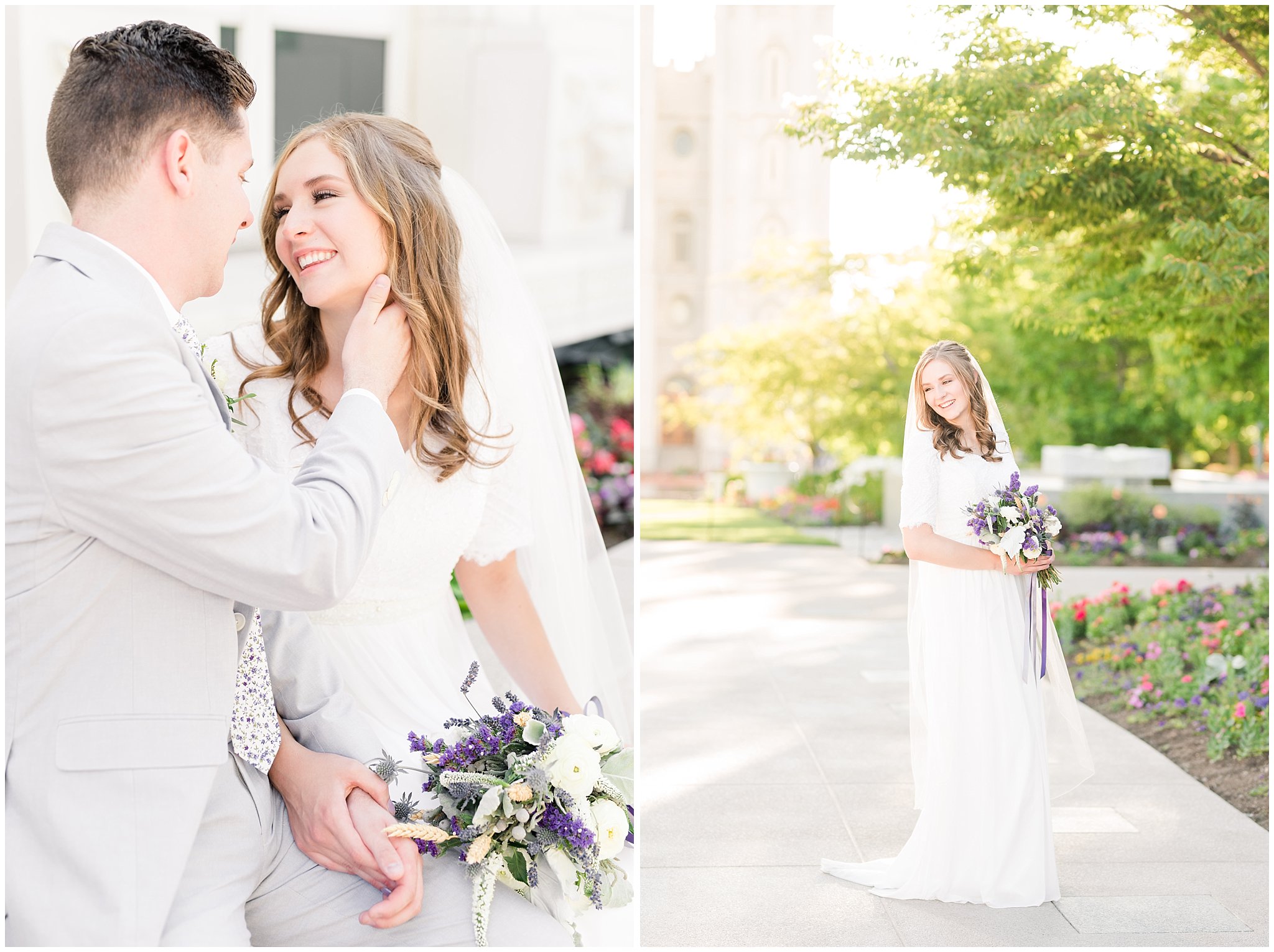 Bride in simple elegant dress with lavender bouquet and groom in grey suit with lavender floral tie | Salt Lake Temple Wedding | Utah Wedding Photographers | Jessie and Dallin Photography
