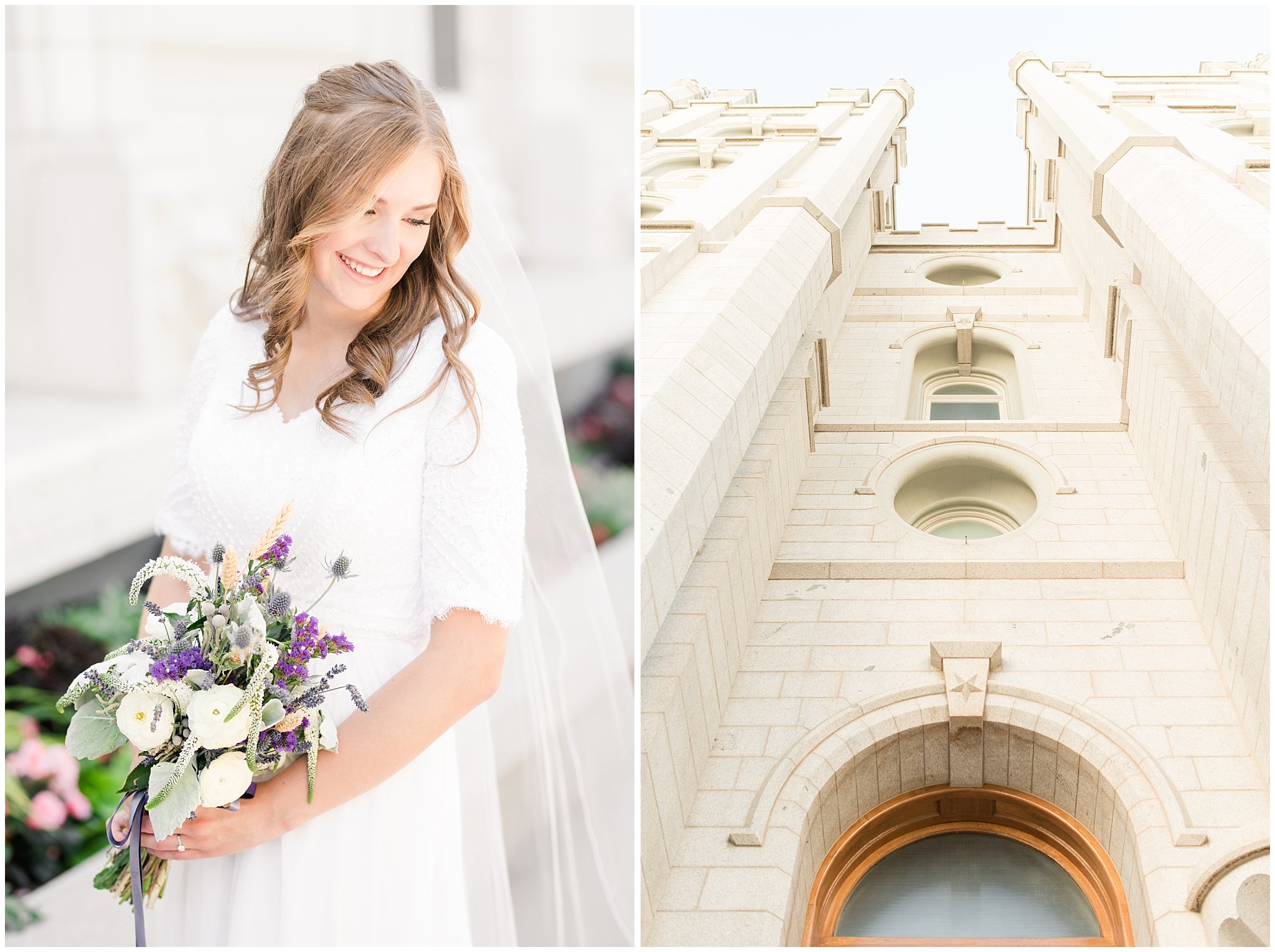 Bride in simple elegant dress with lavender bouquet | Salt Lake Temple Wedding and Clearfield City Hall Reception | Utah Wedding Photographers | Jessie and Dallin Photography