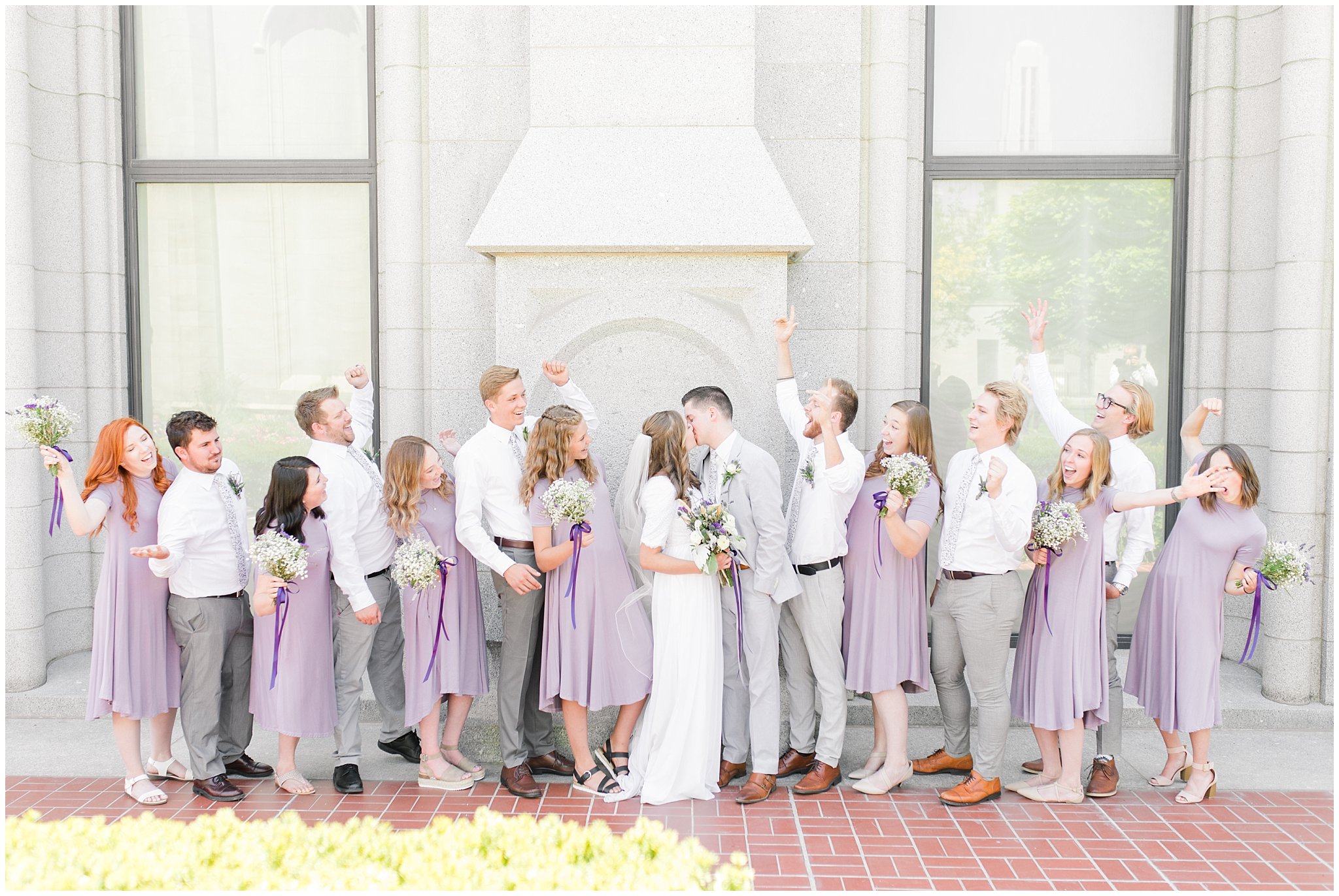 Lavender and grey bridal party at the Salt Lake Temple | Salt Lake Temple Wedding | Utah Wedding Photographers | Jessie and Dallin Photography