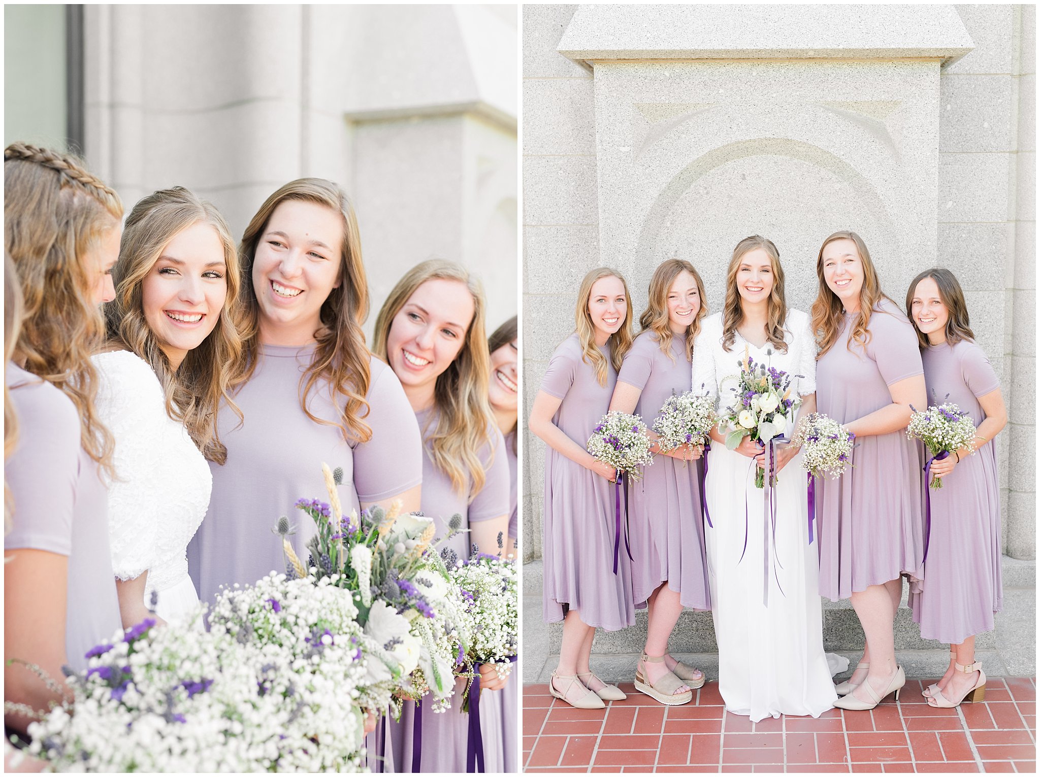 Lavender and grey bridesmaids photo at the Salt Lake Temple | Salt Lake Temple Wedding | Utah Wedding Photographers | Jessie and Dallin Photography