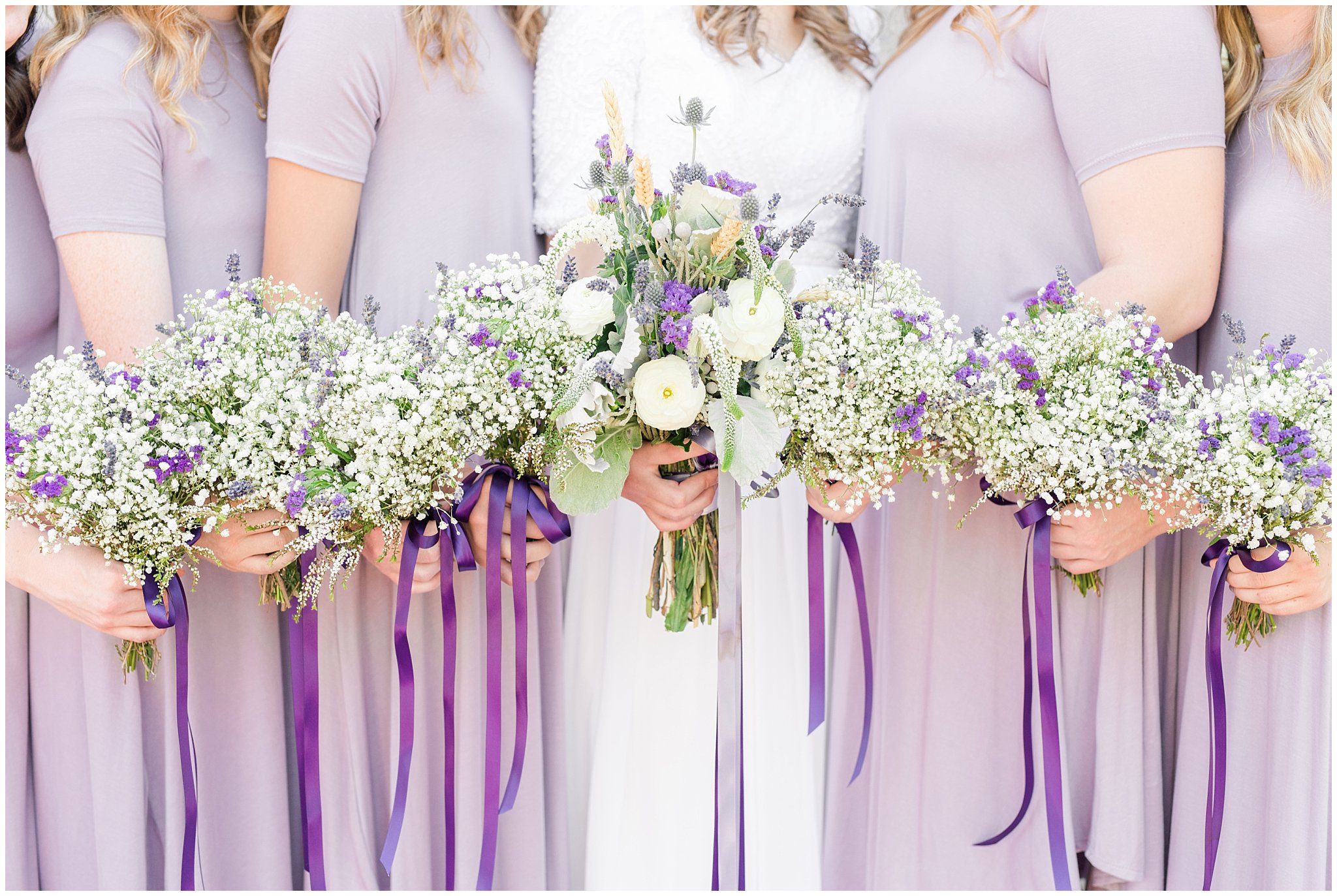 Lavender and grey bridesmaids bouquets at the Salt Lake Temple | Salt Lake Temple Wedding | Utah Wedding Photographers | Jessie and Dallin Photography