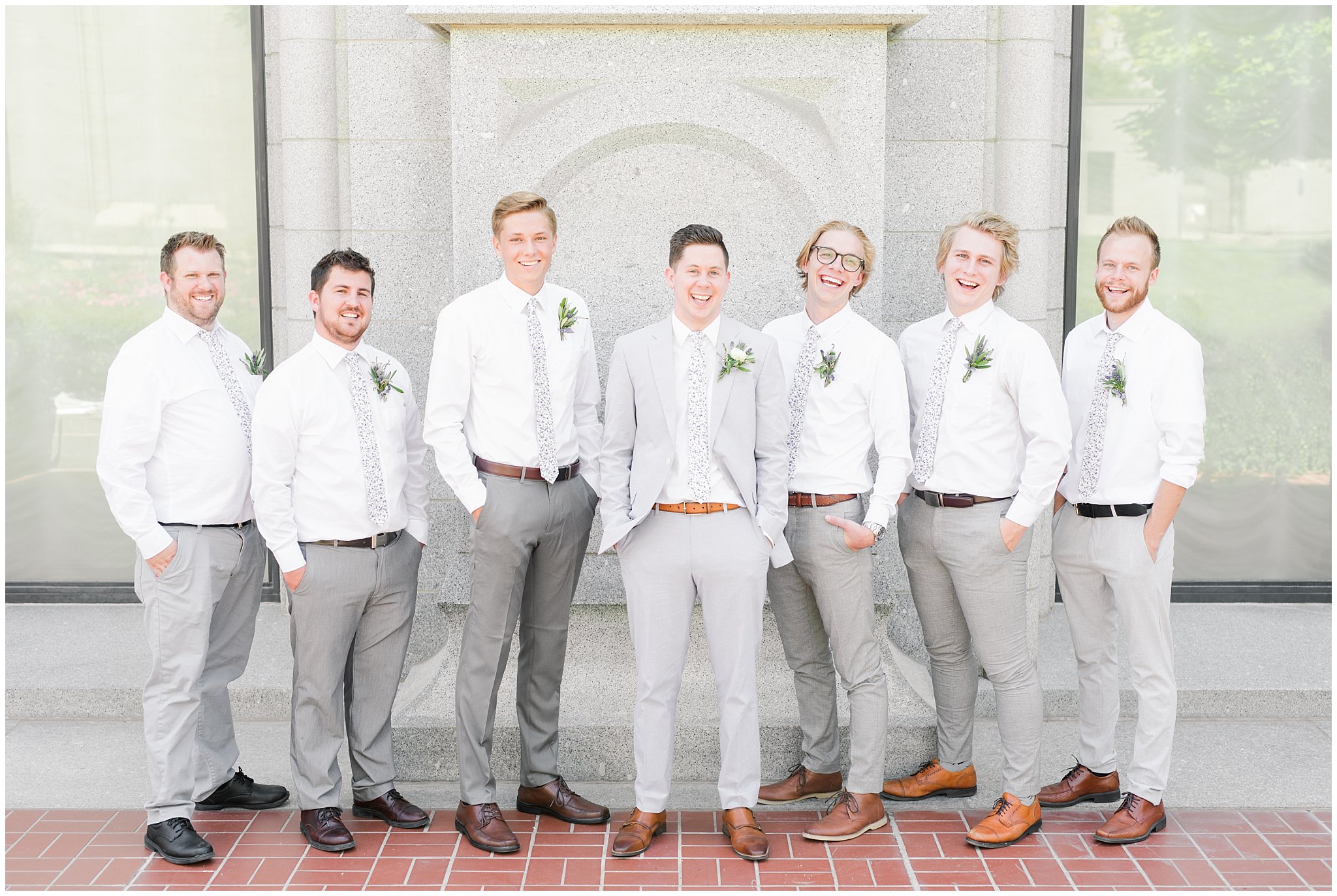 Lavender and grey candid groomsmen photo at the Salt Lake Temple | Salt Lake Temple Wedding | Utah Wedding Photographers | Jessie and Dallin Photography