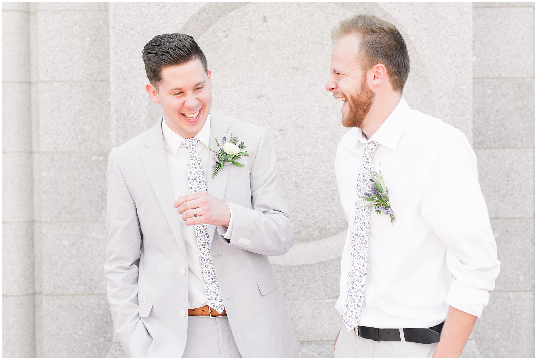 Lavender and grey candid groomsmen photo at the Salt Lake Temple | Salt Lake Temple Wedding | Utah Wedding Photographers | Jessie and Dallin Photography