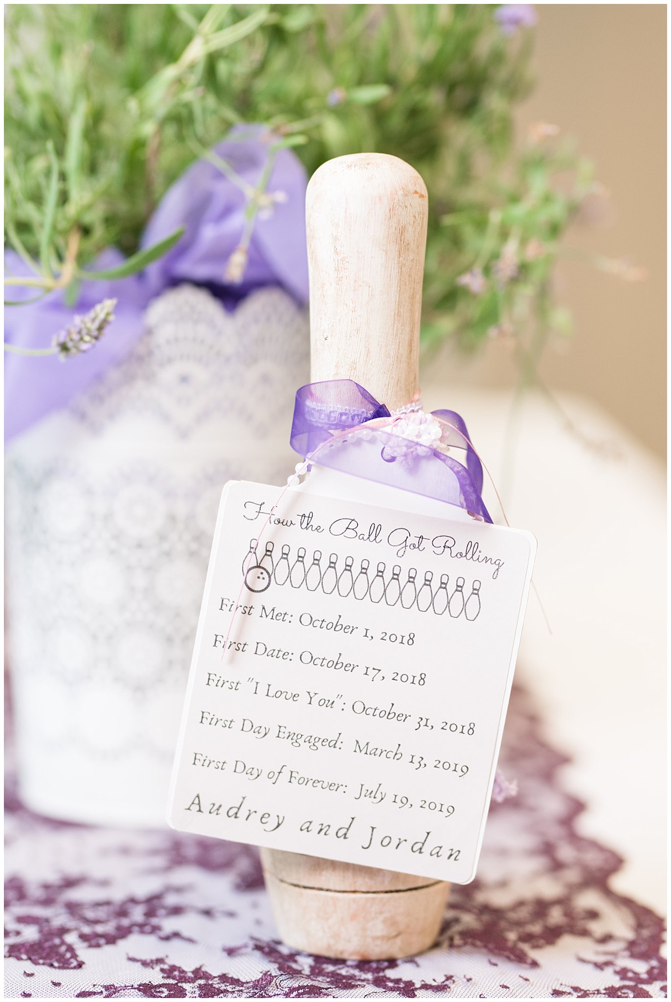 Bowling pin with couple's story decor | Salt Lake Temple Wedding and Clearfield City Hall Reception | Utah Wedding Photographers | Jessie and Dallin Photography