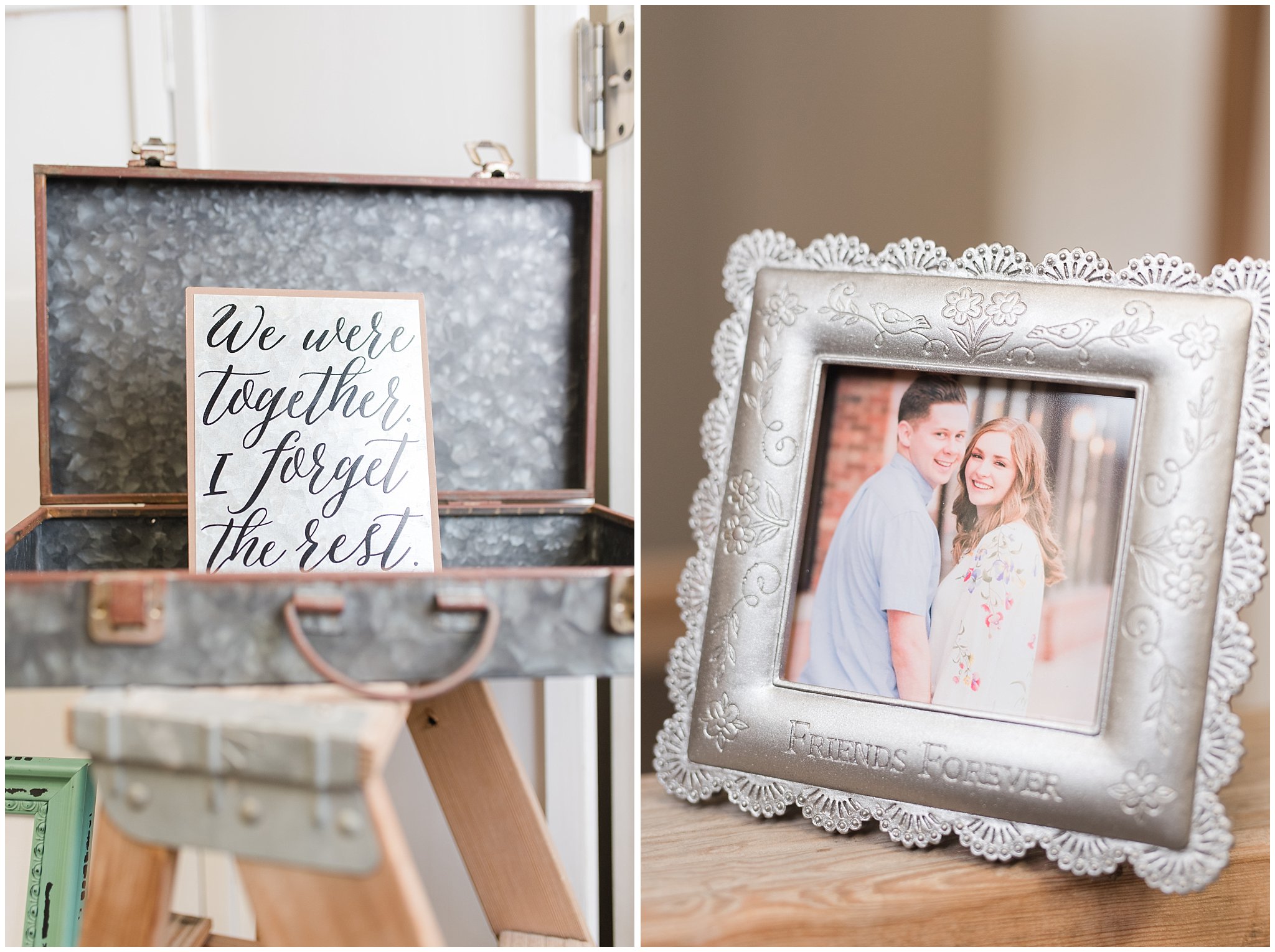 Wedding decor metal suitcase and best friends photo frame | Salt Lake Temple Wedding and Clearfield City Hall Reception | Utah Wedding Photographers | Jessie and Dallin Photography