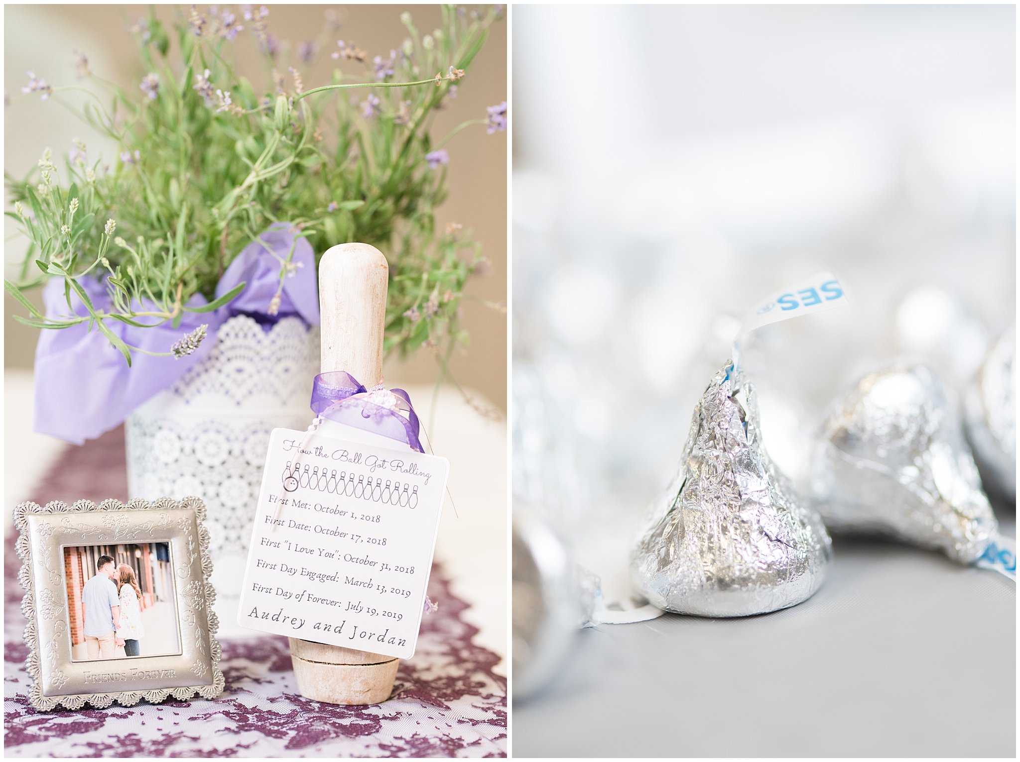 Bowling pin couples story centerpiece decor | Salt Lake Temple Wedding and Clearfield City Hall Reception | Utah Wedding Photographers | Jessie and Dallin Photography