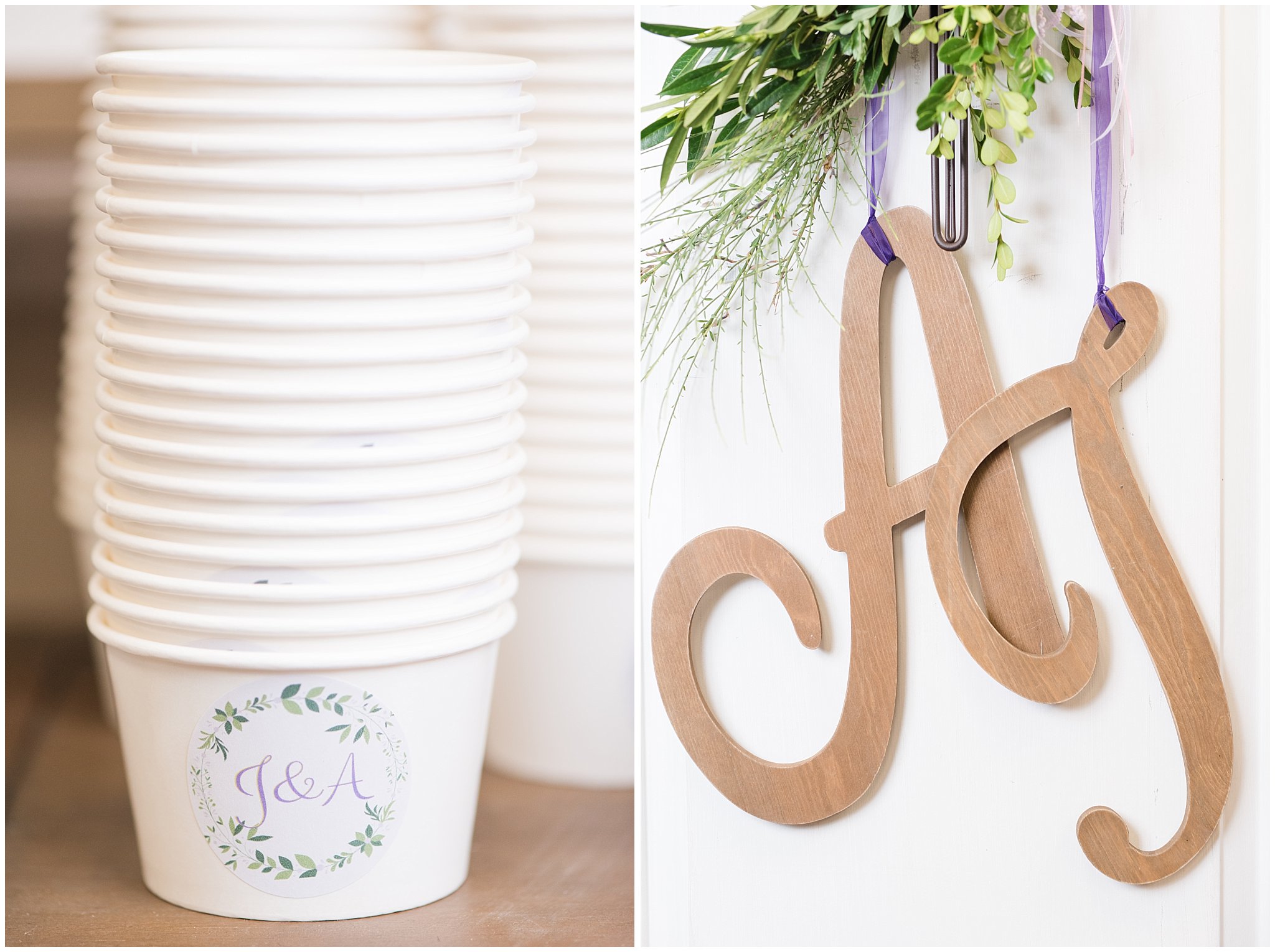 Ice cream cups with couple's initials monogram and initials cut out of wood hanging decor | Salt Lake Temple Wedding and Clearfield City Hall Reception | Utah Wedding Photographers | Jessie and Dallin Photography
