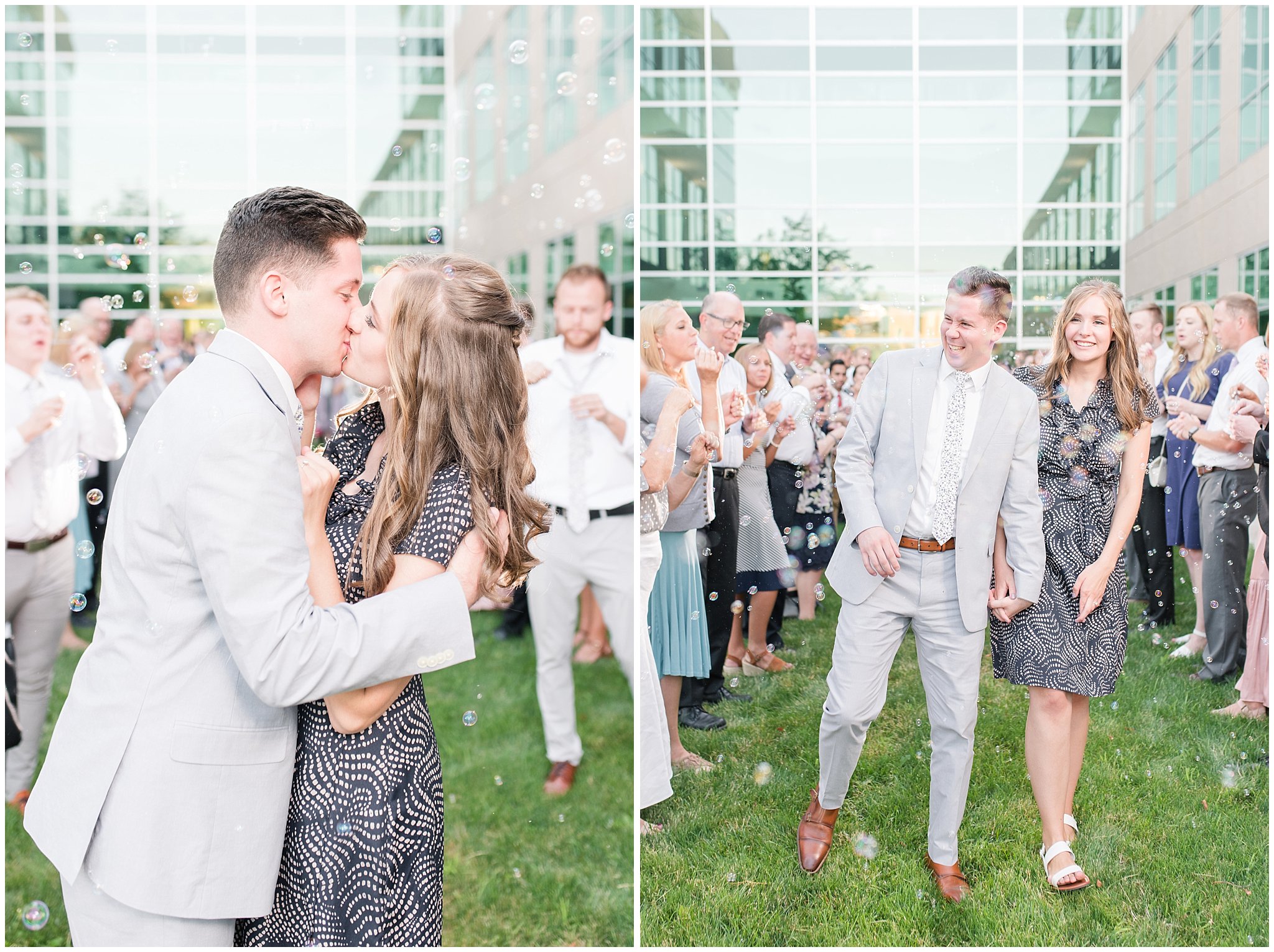 Outdoor wedding bubble exit sendoff | Salt Lake Temple Wedding and Clearfield City Hall Reception | Utah Wedding Photographers | Jessie and Dallin Photography