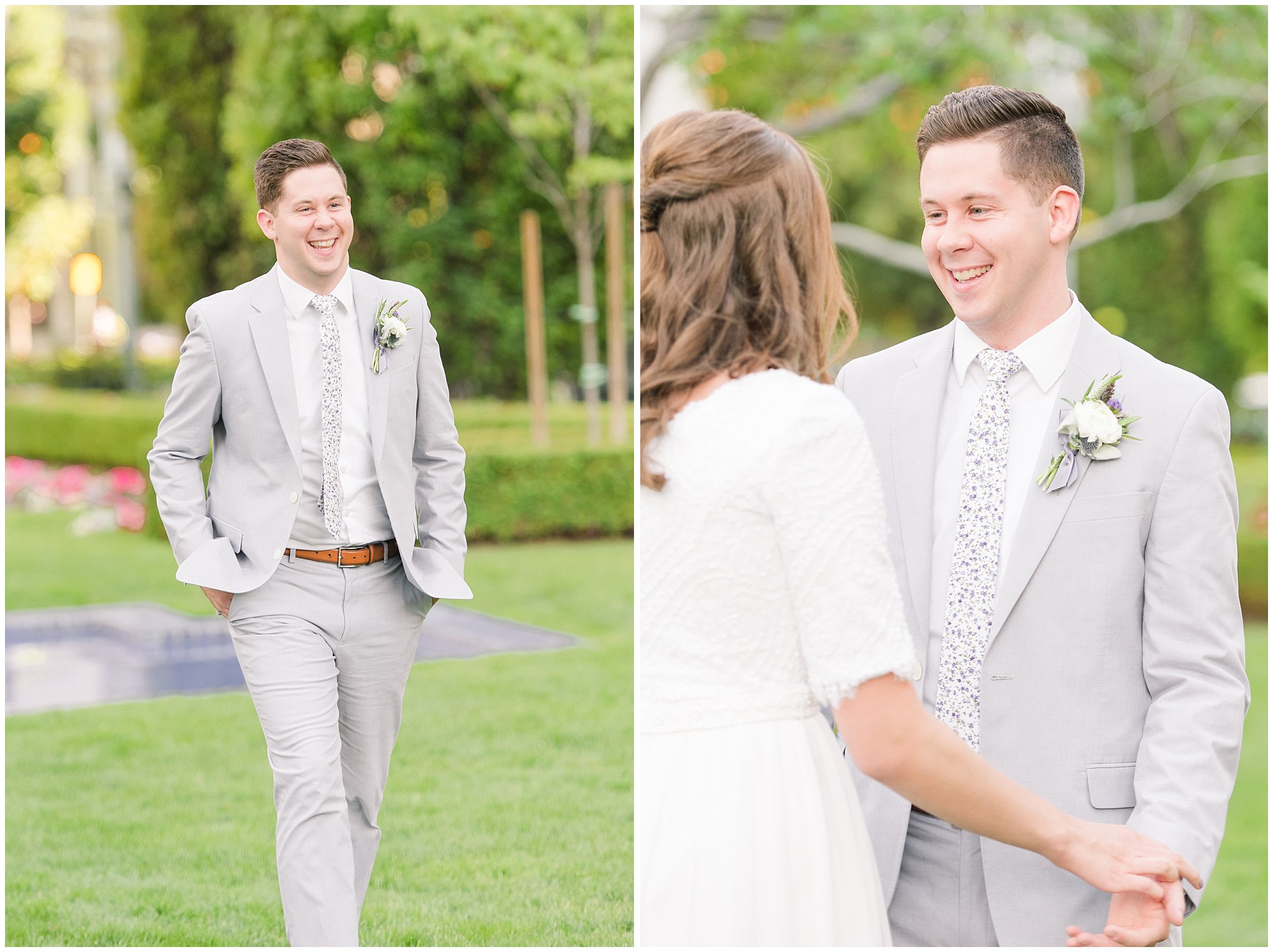 Bride and groom have first look while wearing veil and grey suit with lavender florals | Elegant formal session at the Salt Lake Temple and Ensign Peak Formal Session | Jessie and Dallin Photography