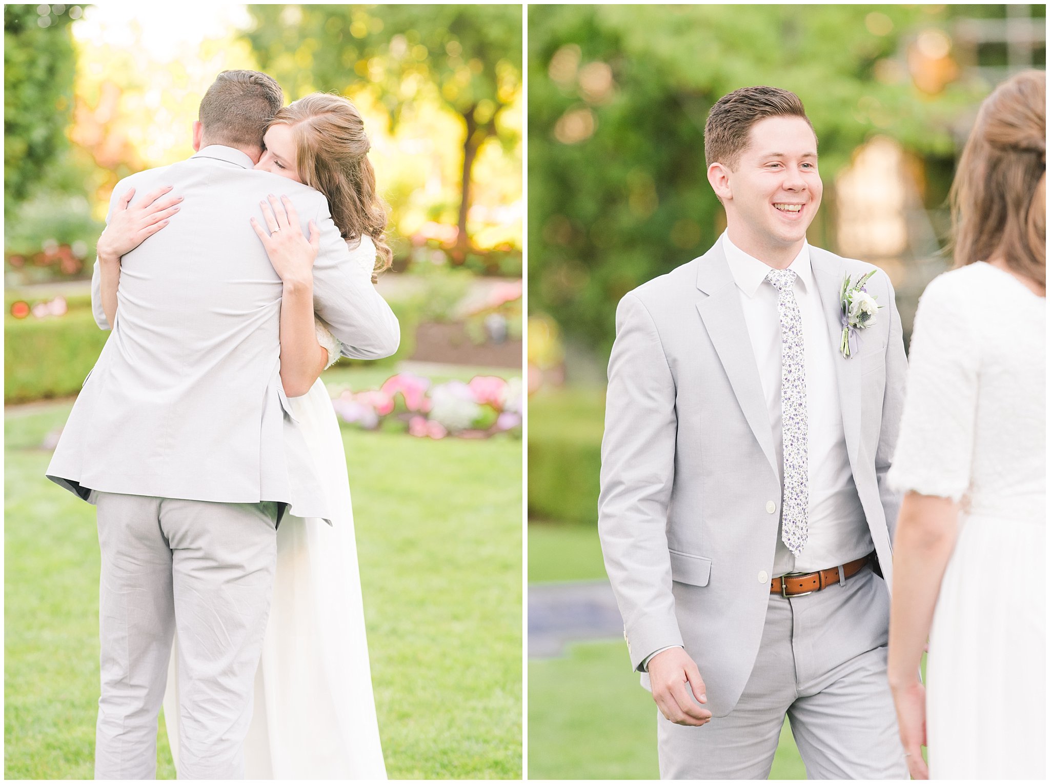 Bride and groom have first look while wearing veil and grey suit with lavender florals | Elegant formal session at the Salt Lake Temple and Ensign Peak Formal Session | Jessie and Dallin Photography