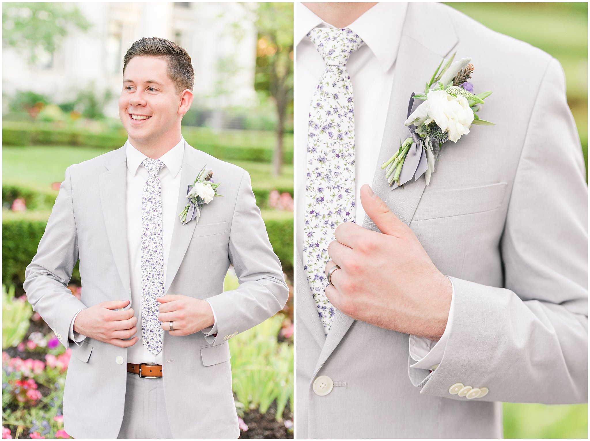 Groom wearing grey suit with lavender floral tie | Elegant formal session at the Salt Lake Temple and Ensign Peak Formal Session | Jessie and Dallin Photography