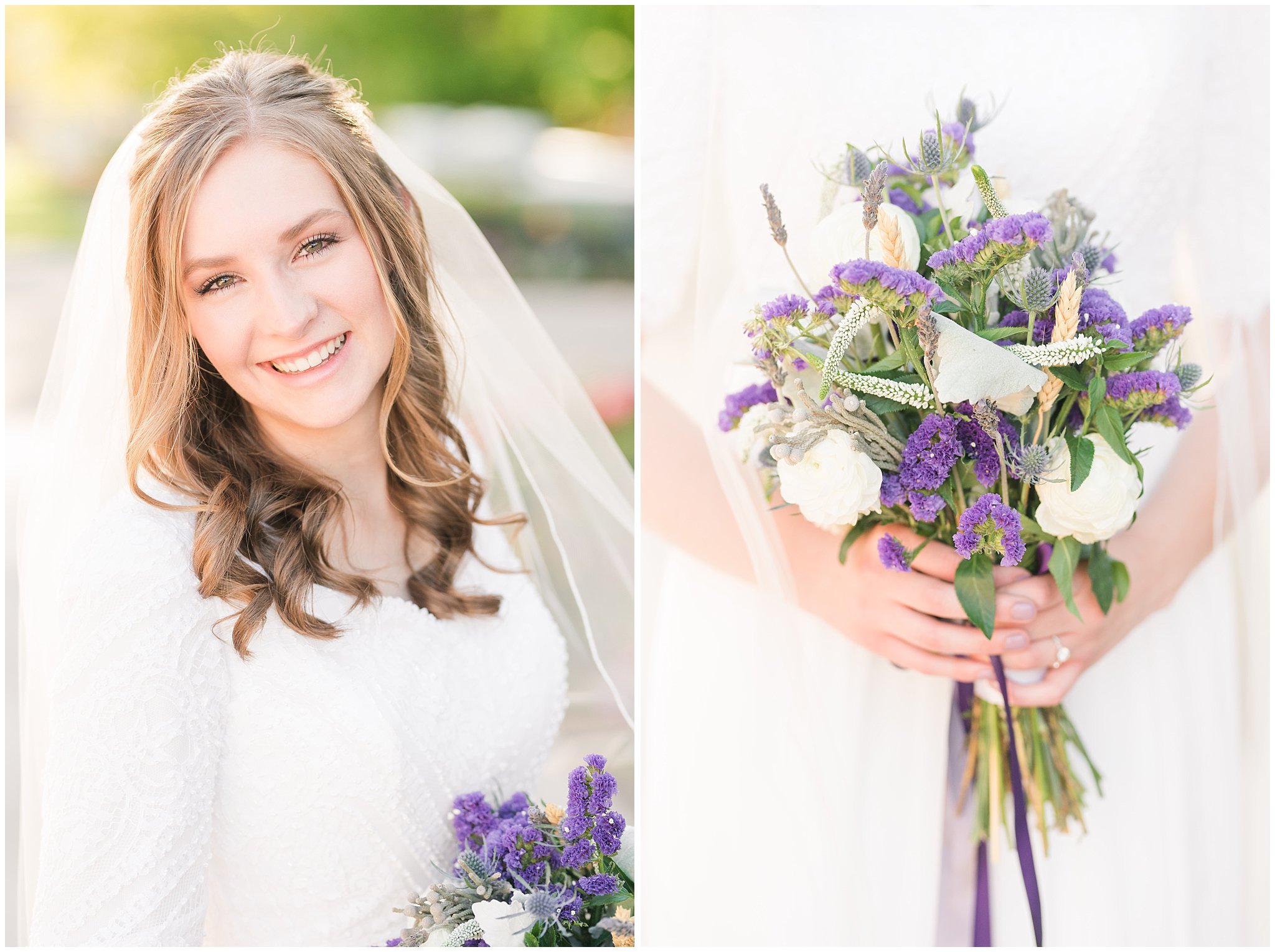 Bride wearing elegant, simple dress with veil with lavender florals | Elegant formal session at the Salt Lake Temple and Ensign Peak Formal Session | Jessie and Dallin Photography