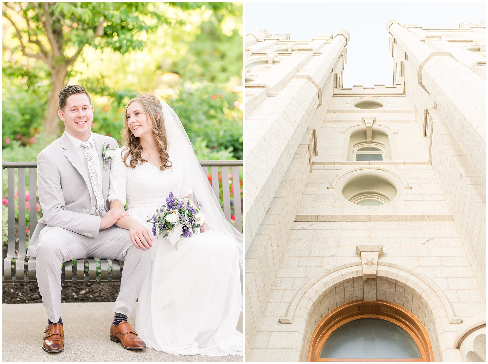 Bride and groom wearing elegant, simple dress with veil and grey suit with lavender florals | Elegant formal session at the Salt Lake Temple and Ensign Peak Formal Session | Jessie and Dallin Photography