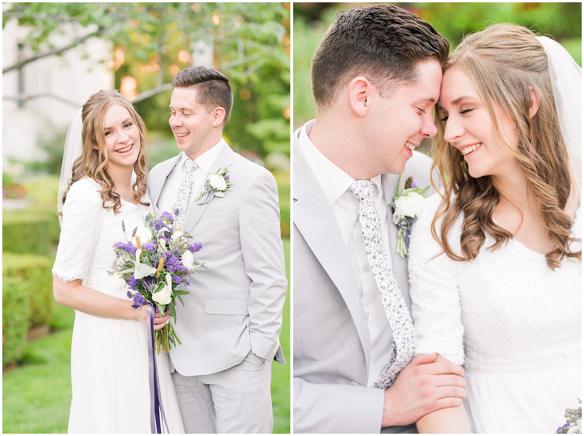 Bride and groom wearing elegant, simple dress with veil and grey suit with lavender florals | Elegant formal session at the Salt Lake Temple and Ensign Peak Formal Session | Jessie and Dallin Photography