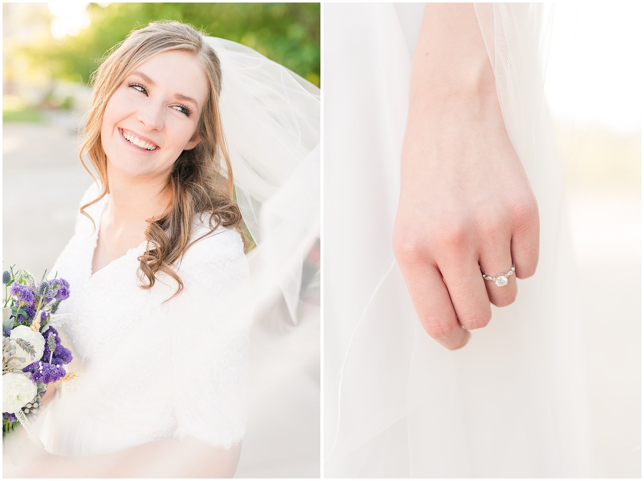 Bride wearing elegant, simple dress with veil with lavender florals | Elegant formal session at the Salt Lake Temple and Ensign Peak Formal Session | Jessie and Dallin Photography