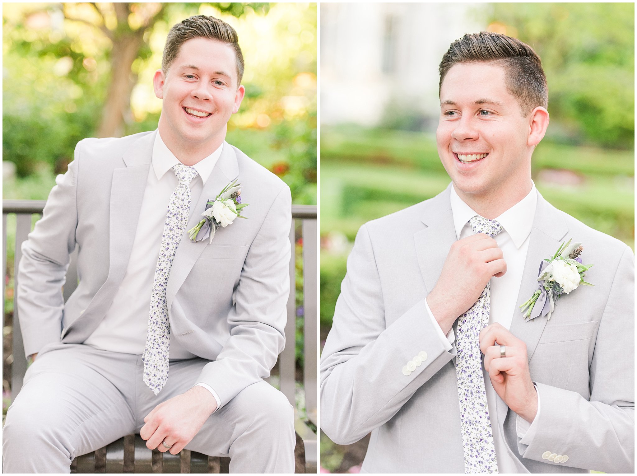 Groom wearing grey suit with lavender floral tie | Elegant formal session at the Salt Lake Temple and Ensign Peak Formal Session | Jessie and Dallin Photography