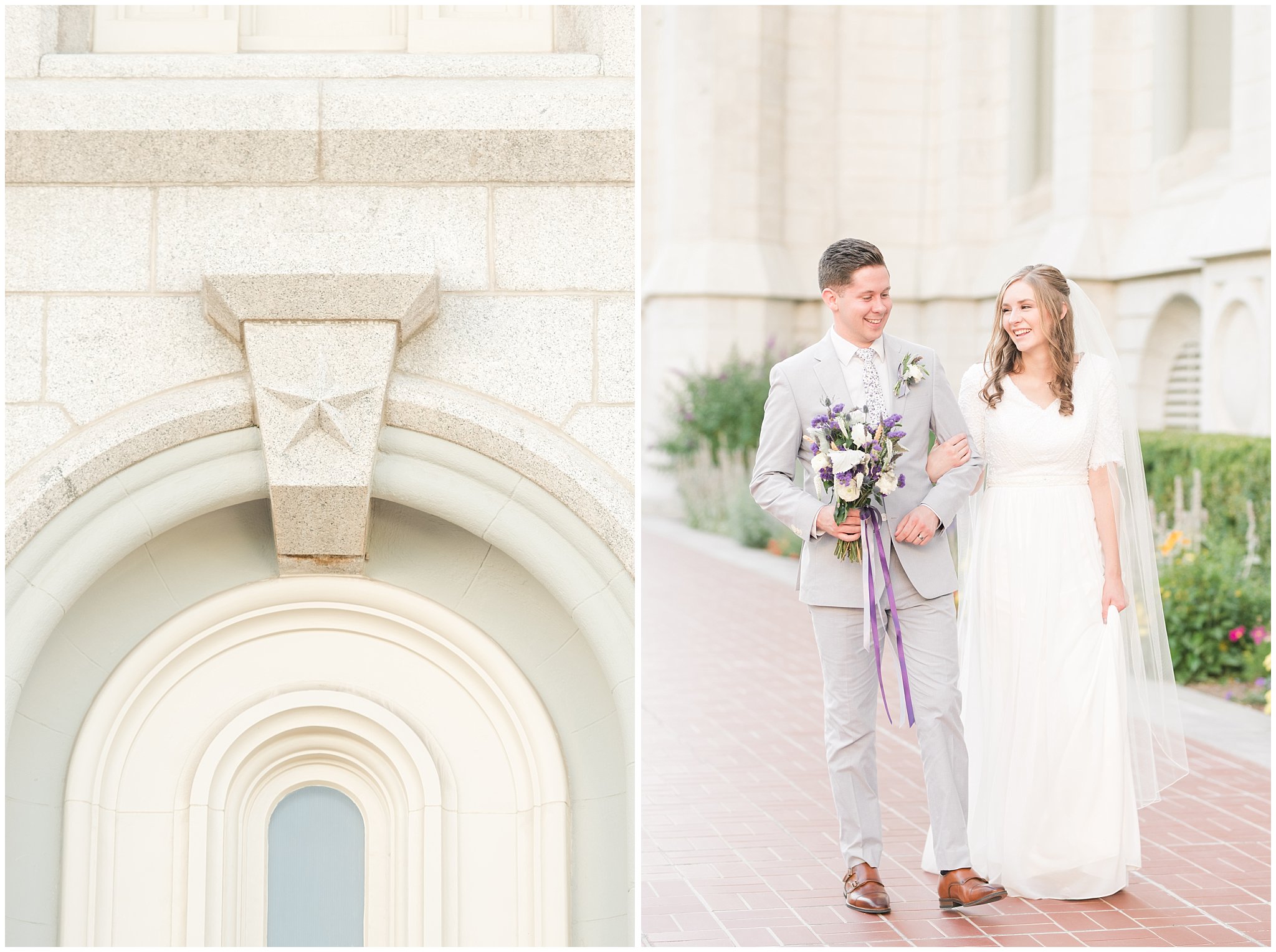 Bride and groom wearing elegant, simple dress with veil and grey suit with lavender florals | Elegant formal session at the Salt Lake Temple and Ensign Peak Formal Session | Jessie and Dallin Photography