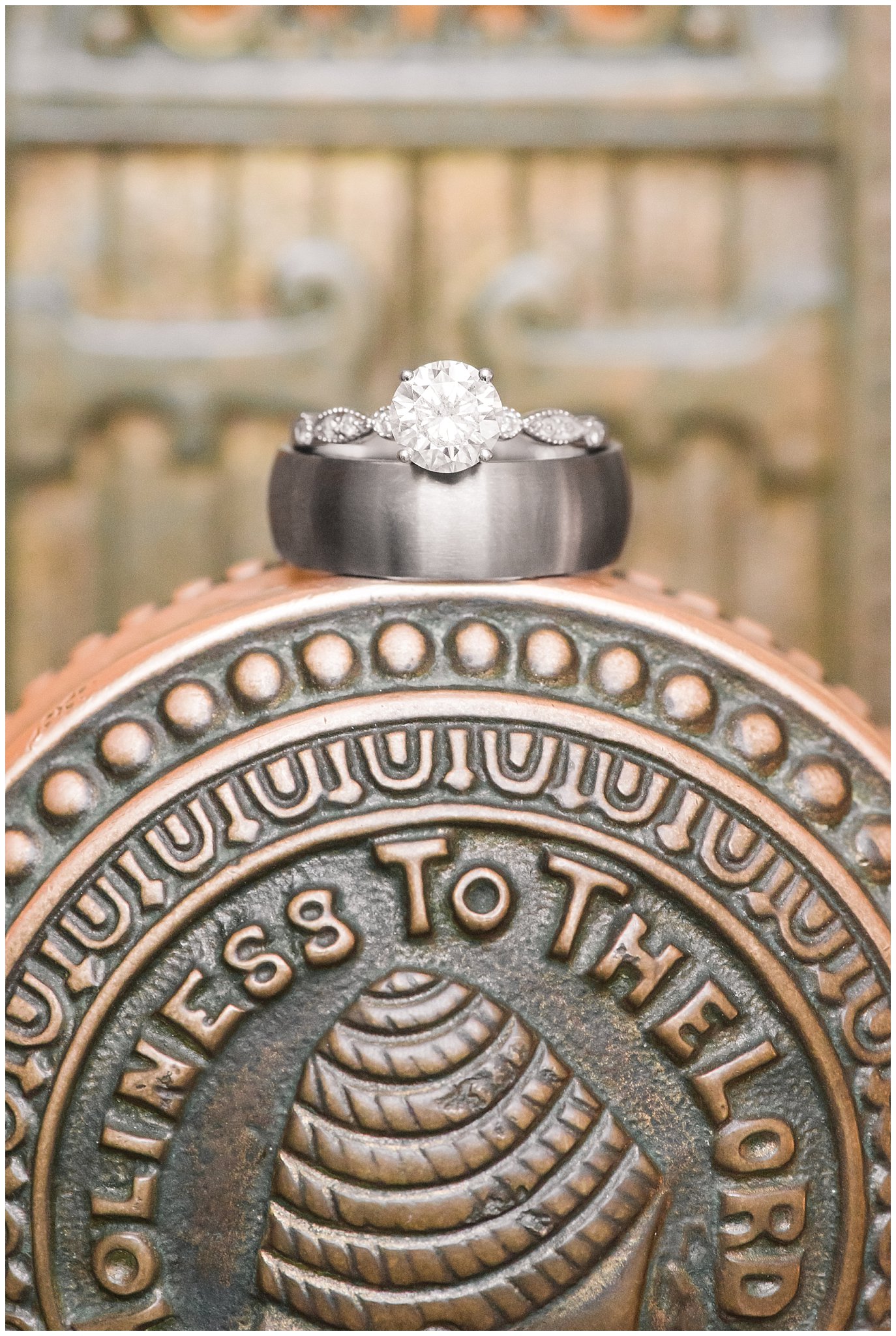 Wedding ring shot on the Salt Lake Temple door handle | Elegant formal session at the Salt Lake Temple and Ensign Peak Formal Session | Jessie and Dallin Photography