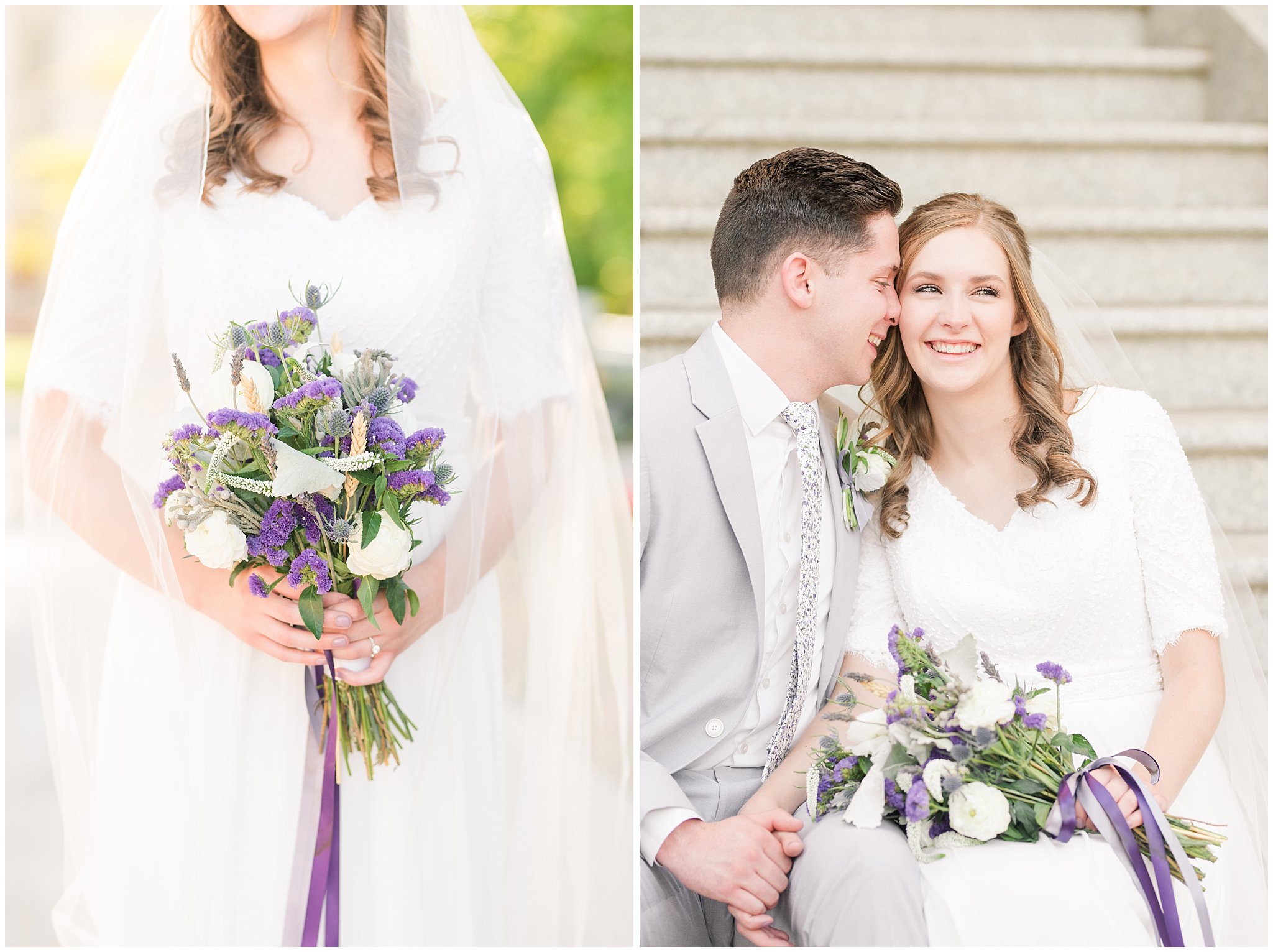 Bride and groom wearing elegant, simple dress with veil and grey suit with lavender florals | Elegant formal session at the Salt Lake Temple and Ensign Peak Formal Session | Jessie and Dallin Photography