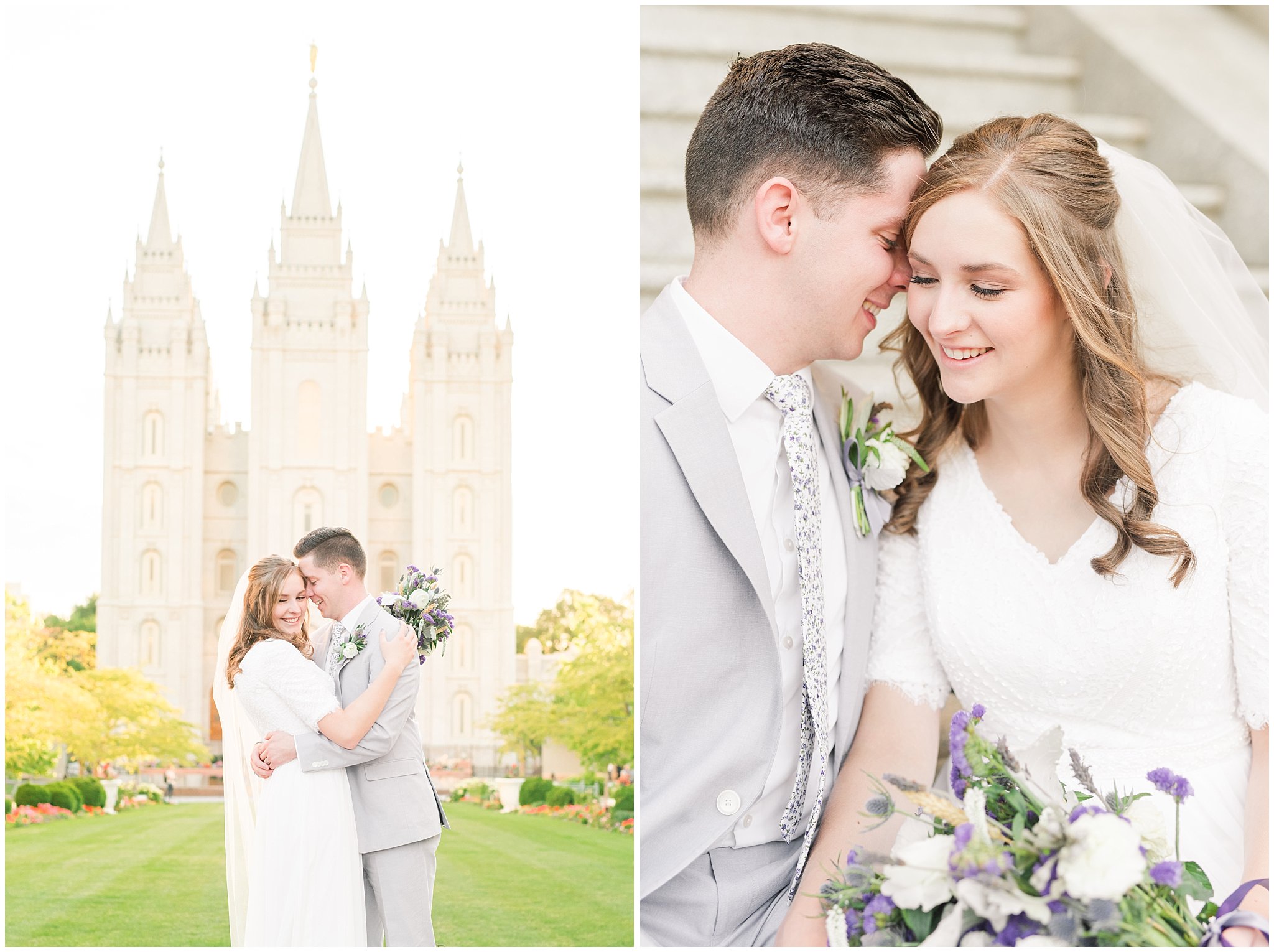 Bride and groom wearing elegant, simple dress with veil and grey suit with lavender florals | Elegant formal session at the Salt Lake Temple and Ensign Peak Formal Session | Jessie and Dallin Photography