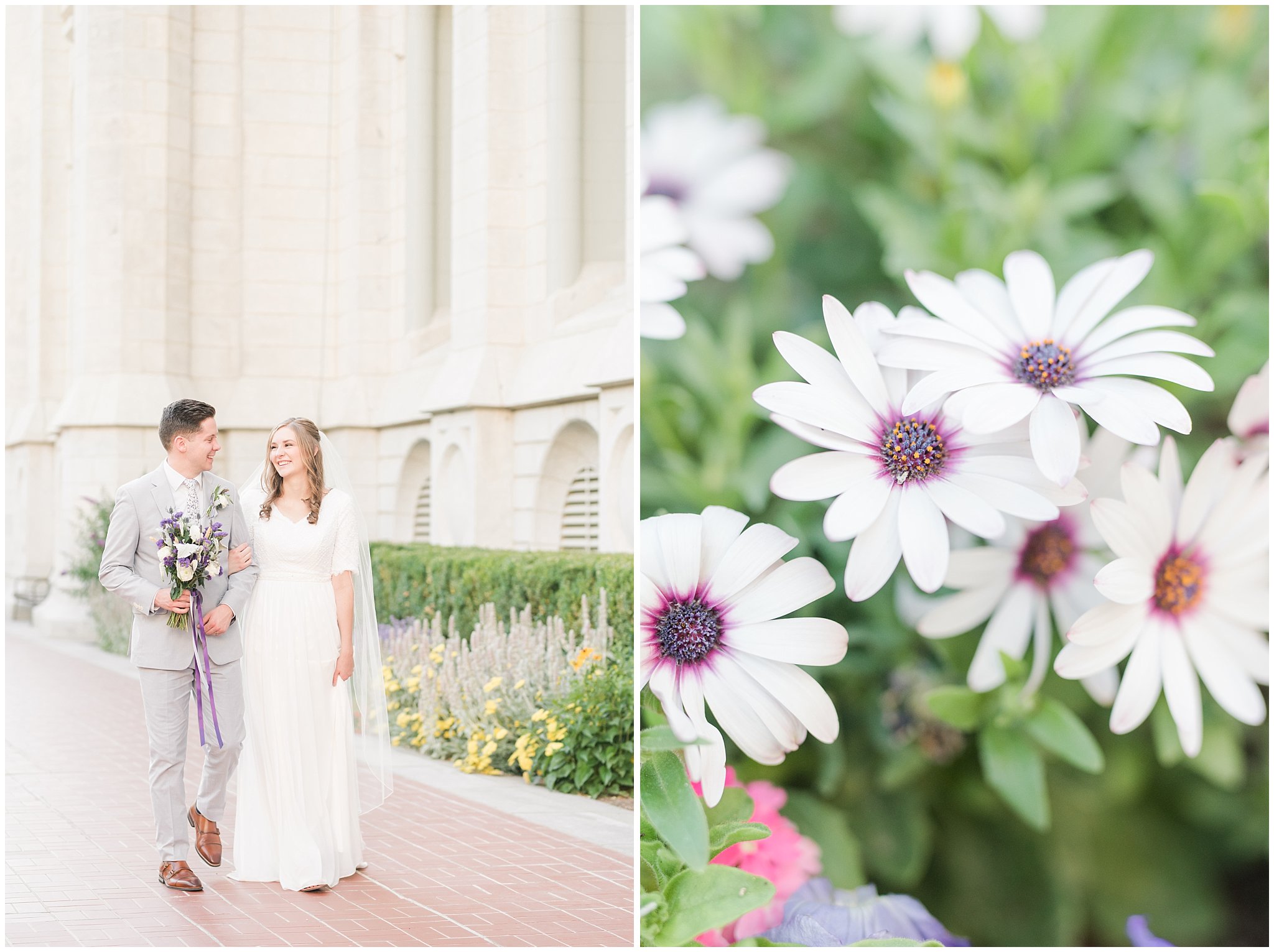 Bride and groom wearing elegant, simple dress with veil and grey suit with lavender florals | Elegant formal session at the Salt Lake Temple and Ensign Peak Formal Session | Jessie and Dallin Photography