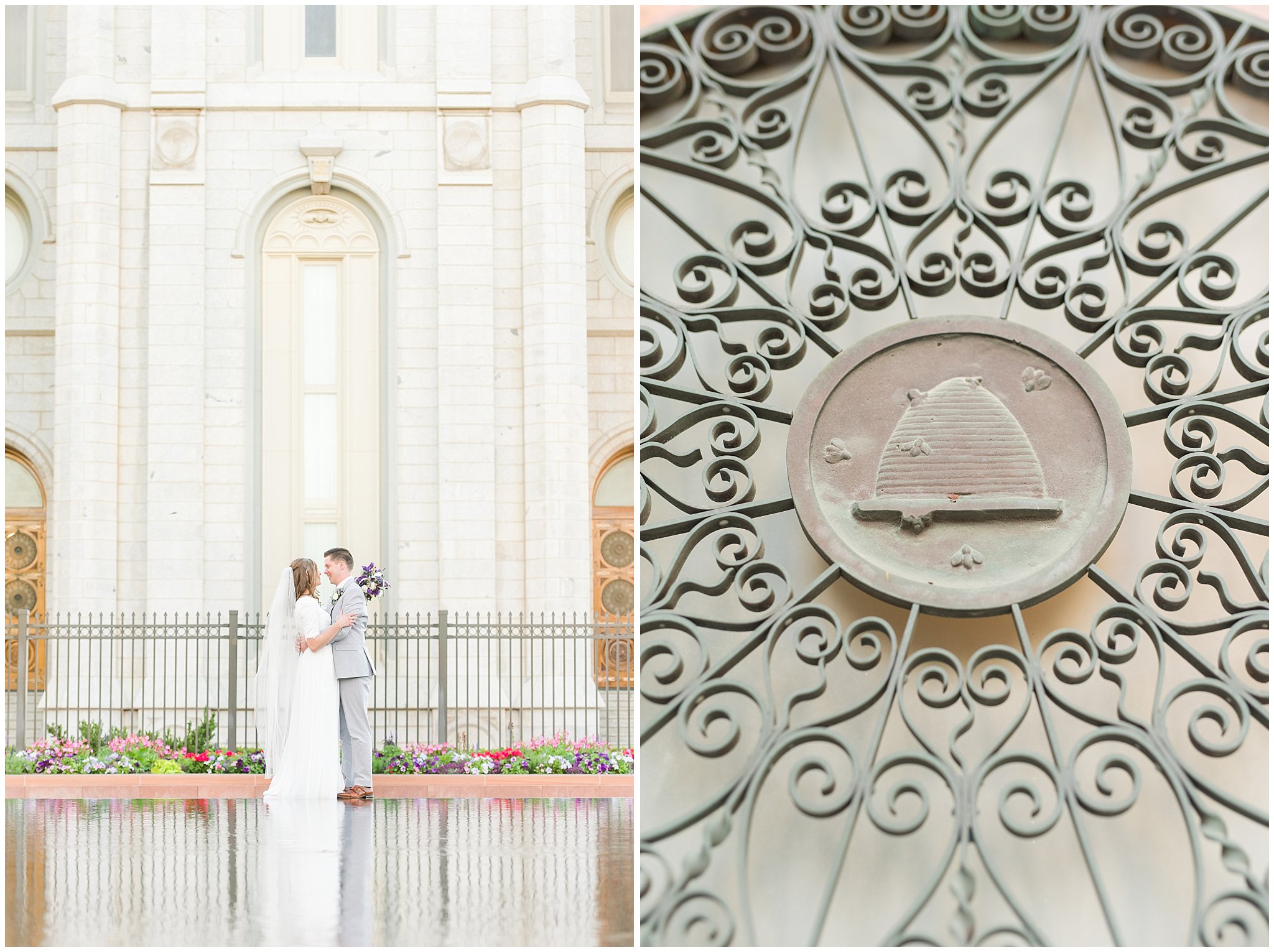 Bride and groom wearing elegant, simple dress with veil and grey suit with lavender florals | Elegant formal session at the Salt Lake Temple and Ensign Peak Formal Session | Jessie and Dallin Photography
