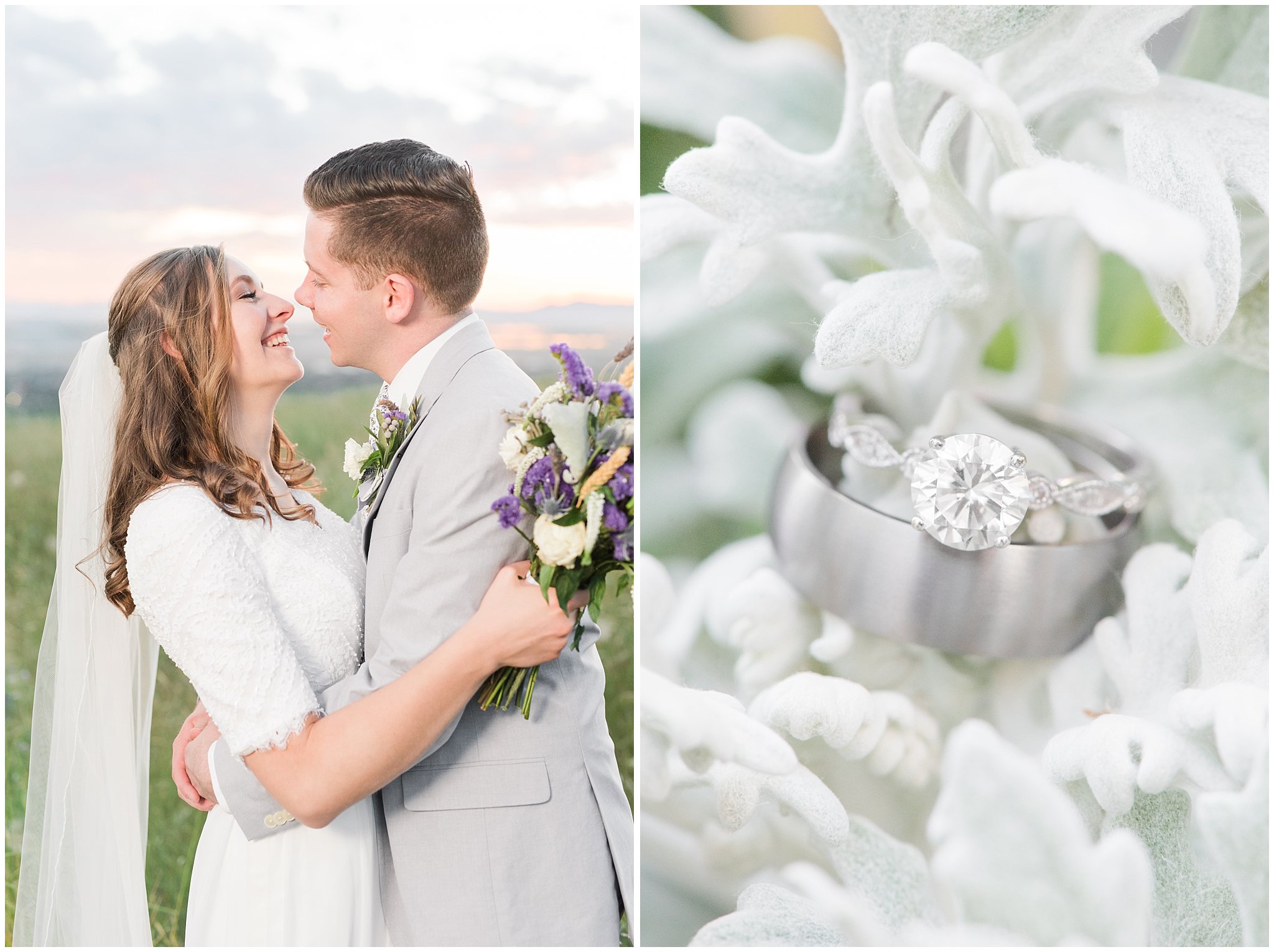 Bride and groom at sunset overlooking Salt Lake City | Wearing elegant, simple dress with veil and grey suit with lavender florals | Elegant formal session at the Salt Lake Temple and Ensign Peak Formal Session | Jessie and Dallin Photography