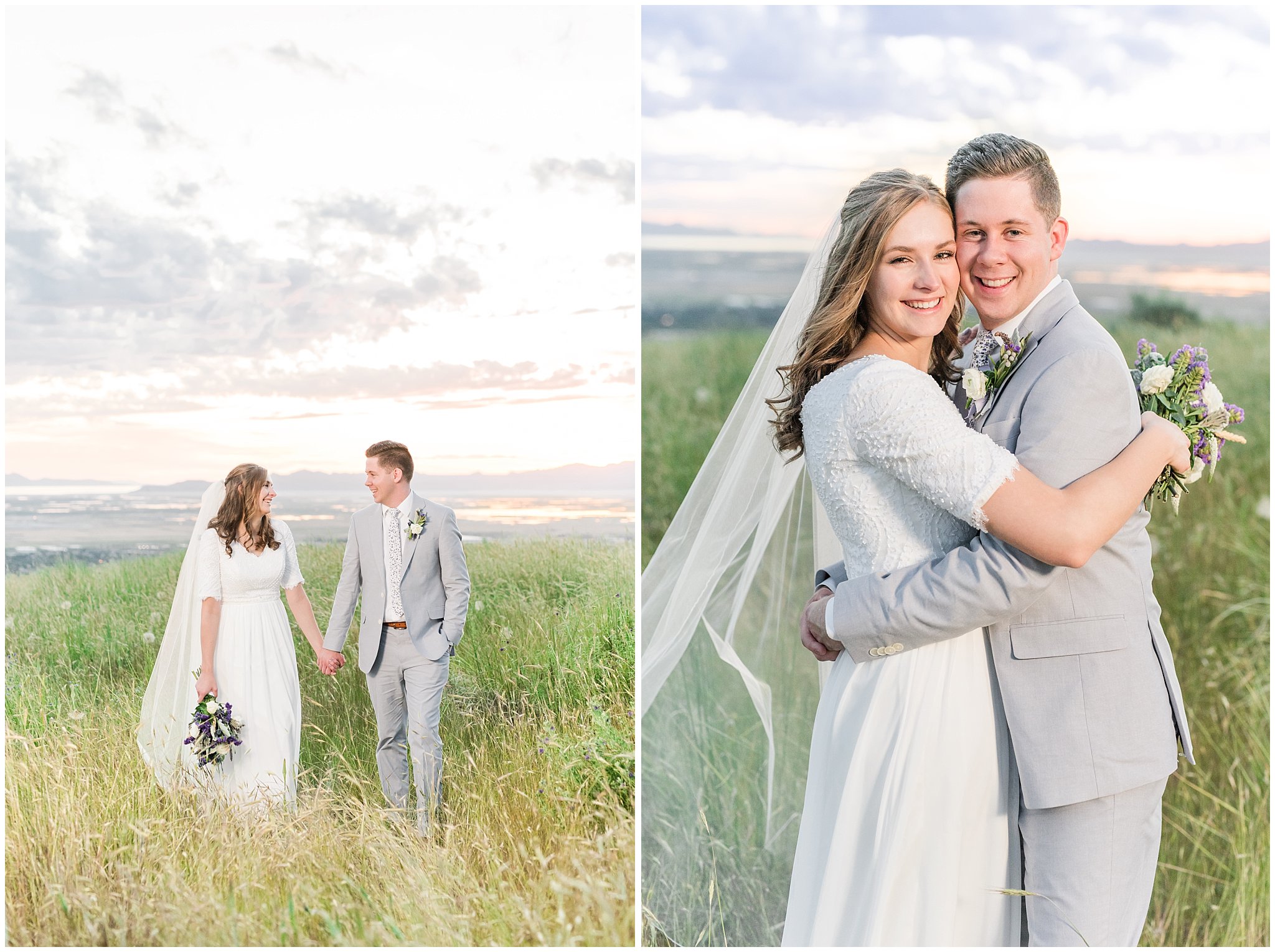 Bride and groom at sunset overlooking Salt Lake City | Wearing elegant, simple dress with veil and grey suit with lavender florals | Elegant formal session at the Salt Lake Temple and Ensign Peak Formal Session | Jessie and Dallin Photography