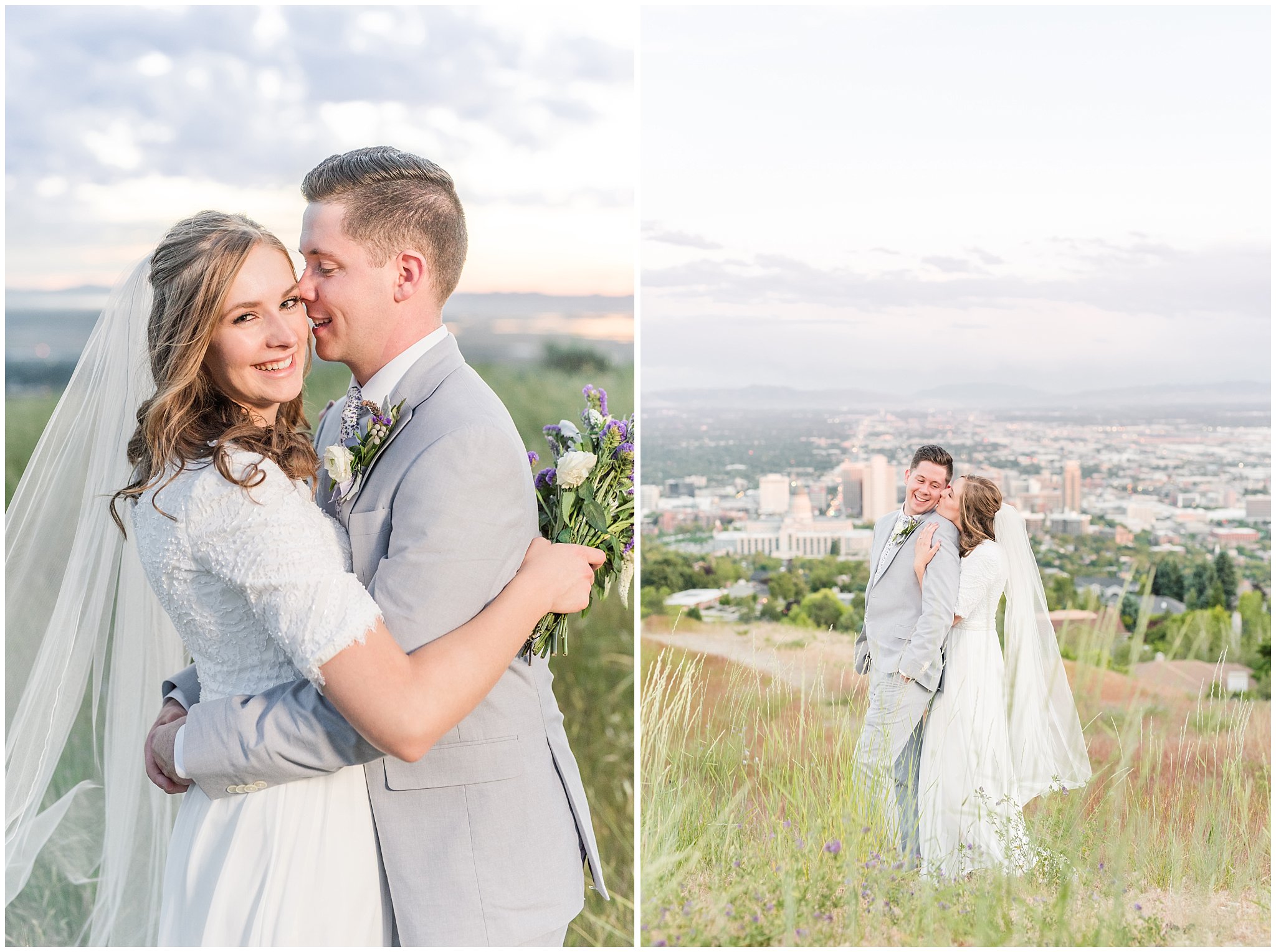 Bride and groom at sunset overlooking Salt Lake City | Wearing elegant, simple dress with veil and grey suit with lavender florals | Elegant formal session at the Salt Lake Temple and Ensign Peak Formal Session | Jessie and Dallin Photography