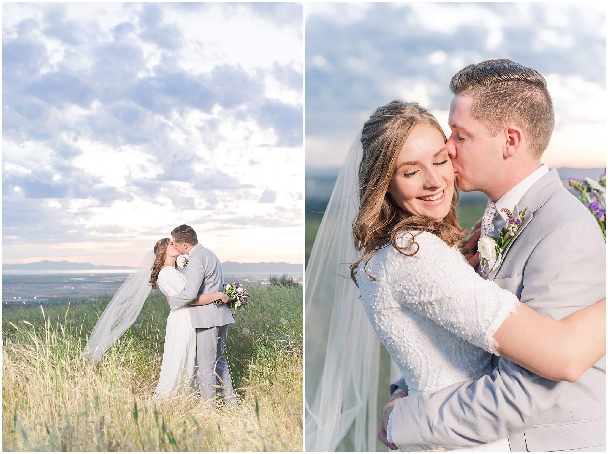 Bride and groom at sunset overlooking Salt Lake City | Wearing elegant, simple dress with veil and grey suit with lavender florals | Elegant formal session at the Salt Lake Temple and Ensign Peak Formal Session | Jessie and Dallin Photography