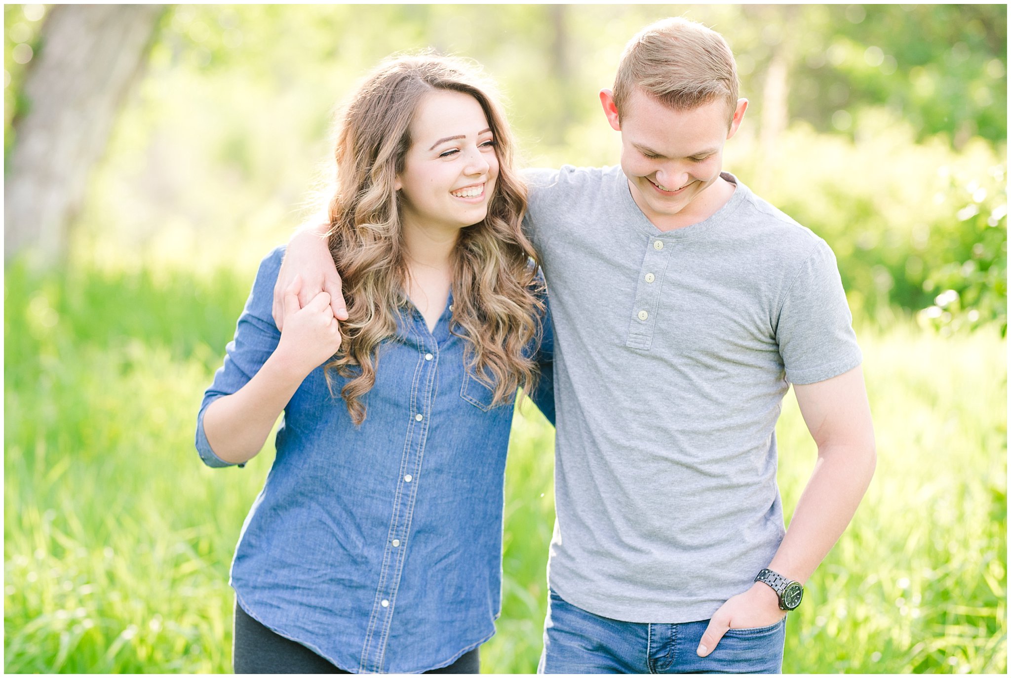 Couple in cute, casual outfit in a wooded meadow | Trapper's Loop Mountain Engagement | Utah Mountain Engagement Session | Jessie and Dallin Photography