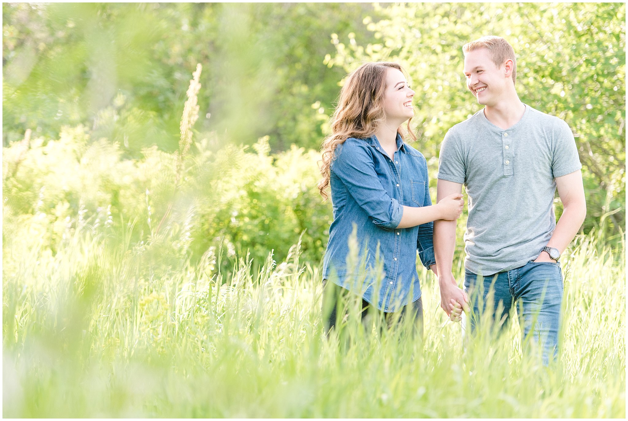 Couple in cute, casual outfit in a wooded meadow | Trapper's Loop Mountain Engagement | Utah Mountain Engagement Session | Jessie and Dallin Photography