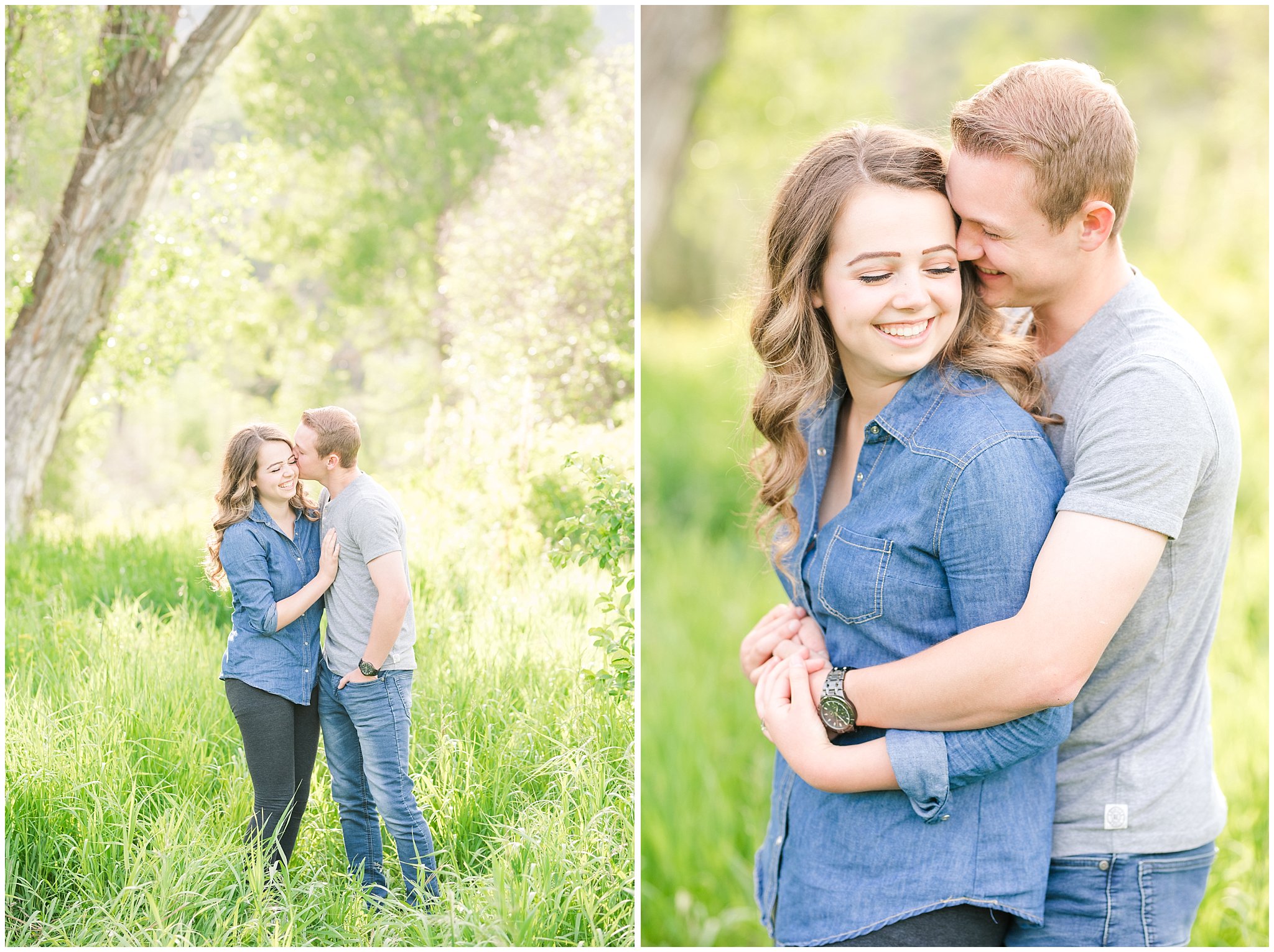 Couple in cute, casual outfit in a wooded meadow | Trapper's Loop Mountain Engagement | Utah Mountain Engagement Session | Jessie and Dallin Photography