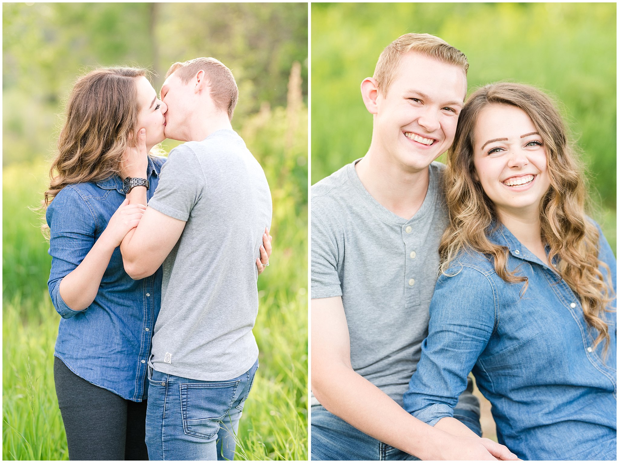 Couple in cute, casual outfit in a wooded meadow | Trapper's Loop Mountain Engagement | Utah Mountain Engagement Session | Jessie and Dallin Photography