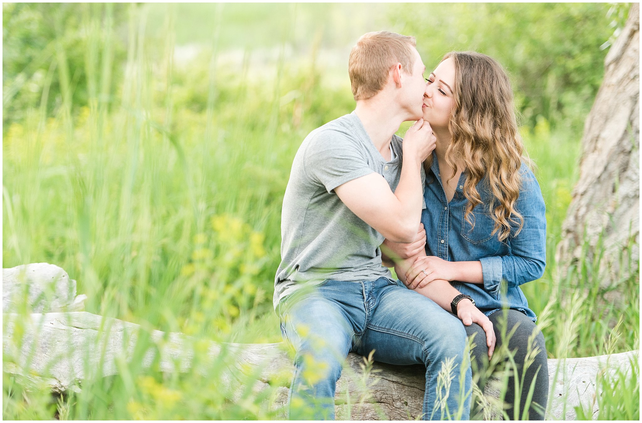 Couple in cute, casual outfit in a wooded meadow | Trapper's Loop Mountain Engagement | Utah Mountain Engagement Session | Jessie and Dallin Photography