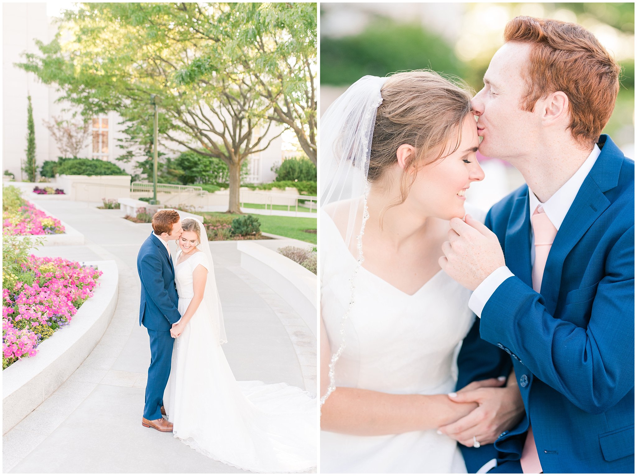 Bride and groom portraits with bride in simple elegant dress and veil, and groom in blue suit with blush tie at the Bountiful Temple | Bountiful Temple Summer Formal Session | Utah Weddings | Jessie and Dallin Photography