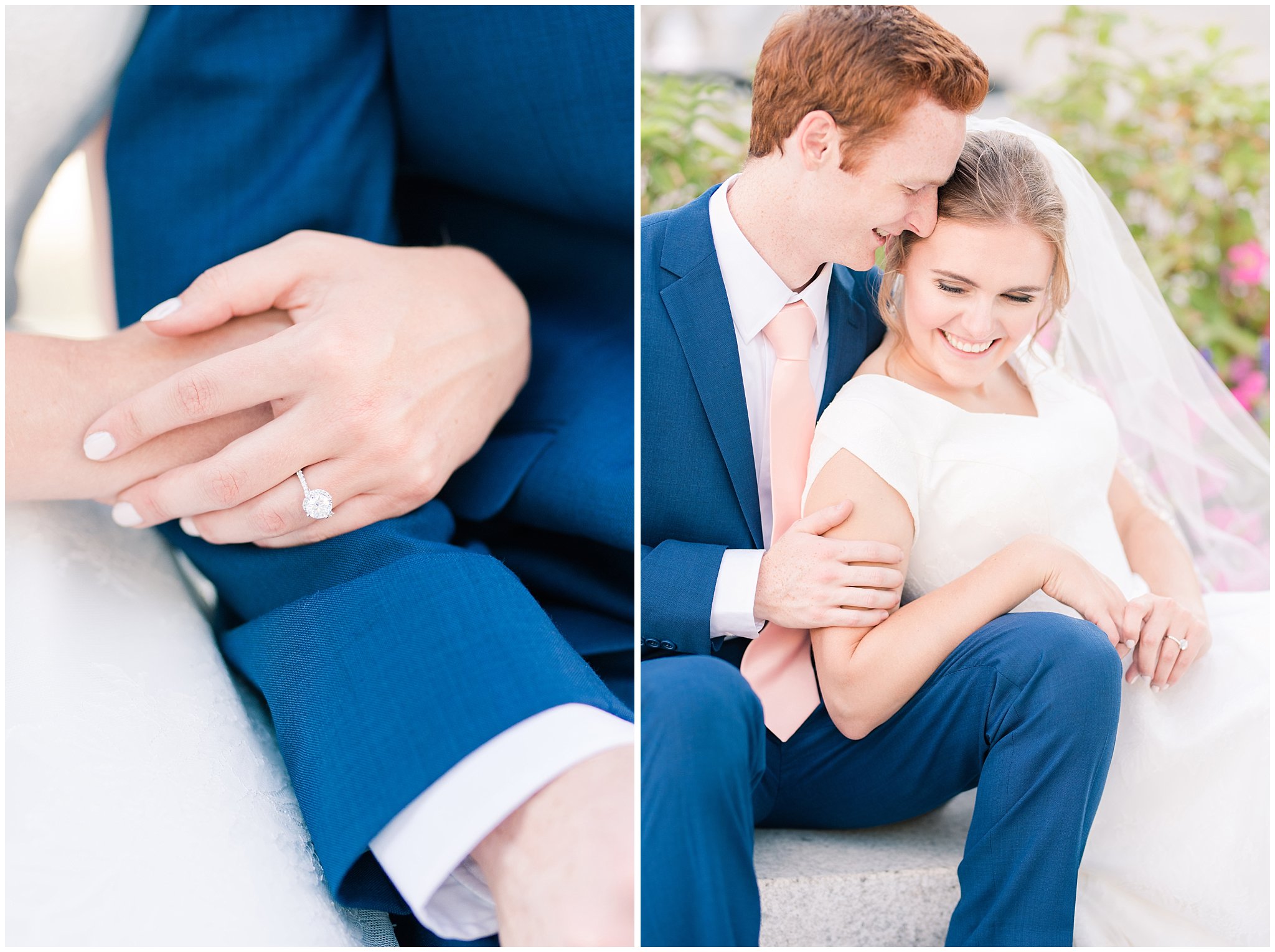 Bride and groom portraits with bride in simple elegant dress and veil, and groom in blue suit with blush tie at the Bountiful Temple | Bountiful Temple Summer Formal Session | Utah Weddings | Jessie and Dallin Photography