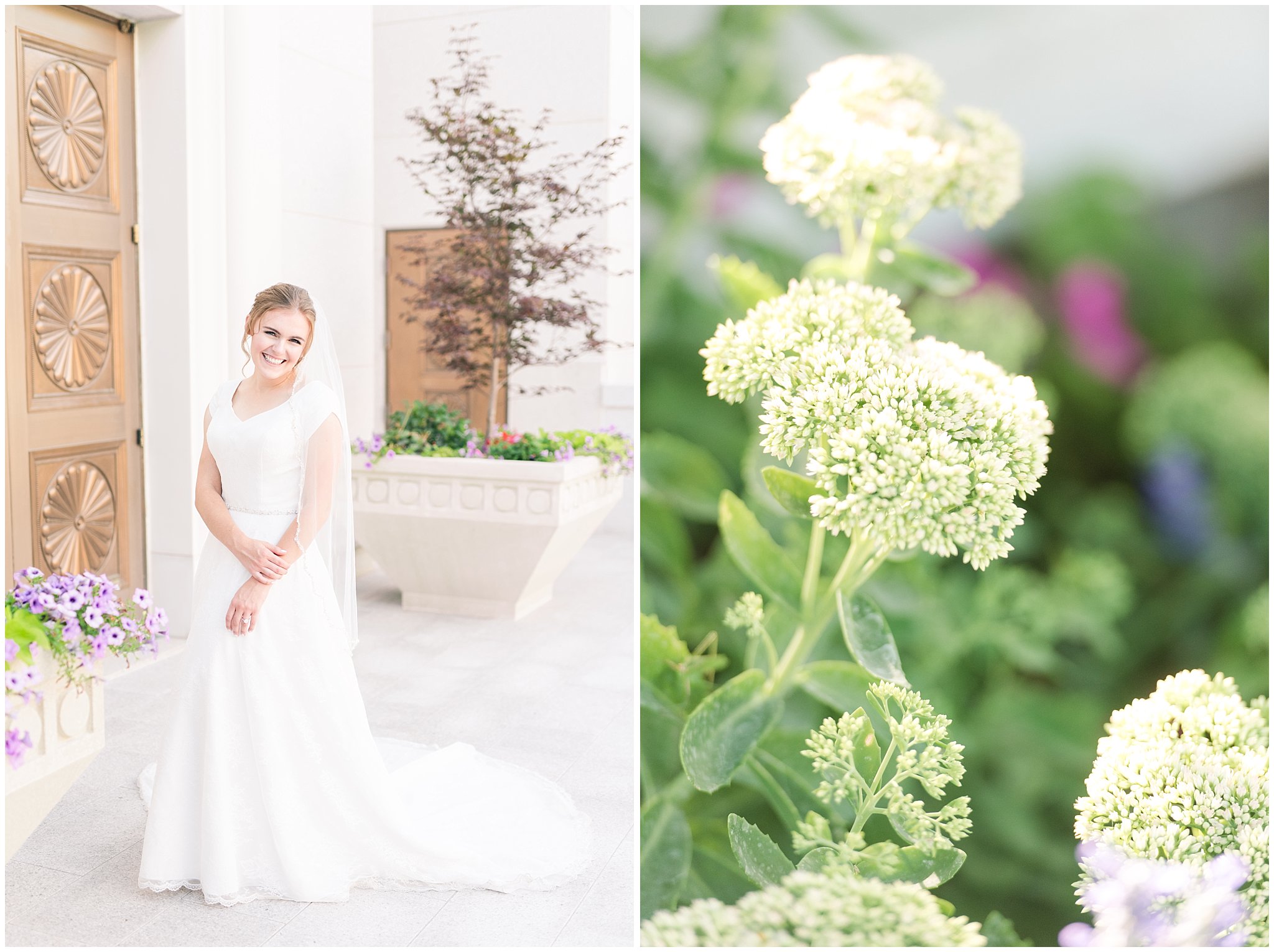 Bridal portraits with bride in simple, elegant dress and veil at the Bountiful Temple | Bountiful Temple Summer Formal Session | Utah Weddings | Jessie and Dallin Photography