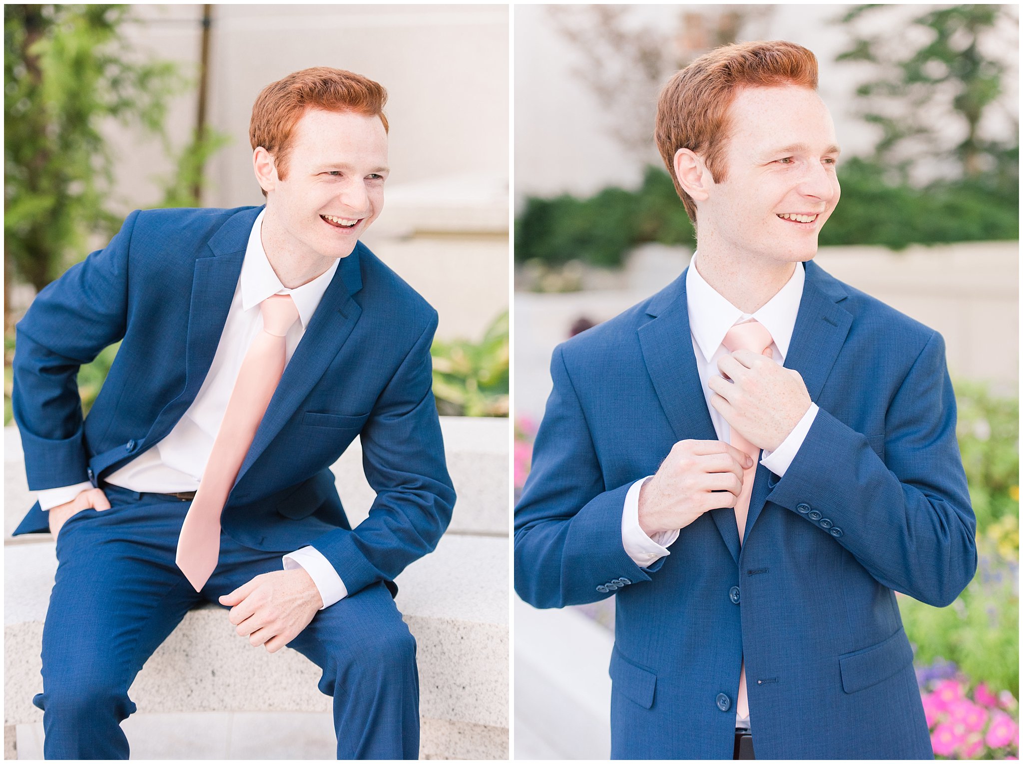 Groom in blue suit with blush tie at the Bountiful Temple | Bountiful Temple Summer Formal Session | Utah Weddings | Jessie and Dallin Photography