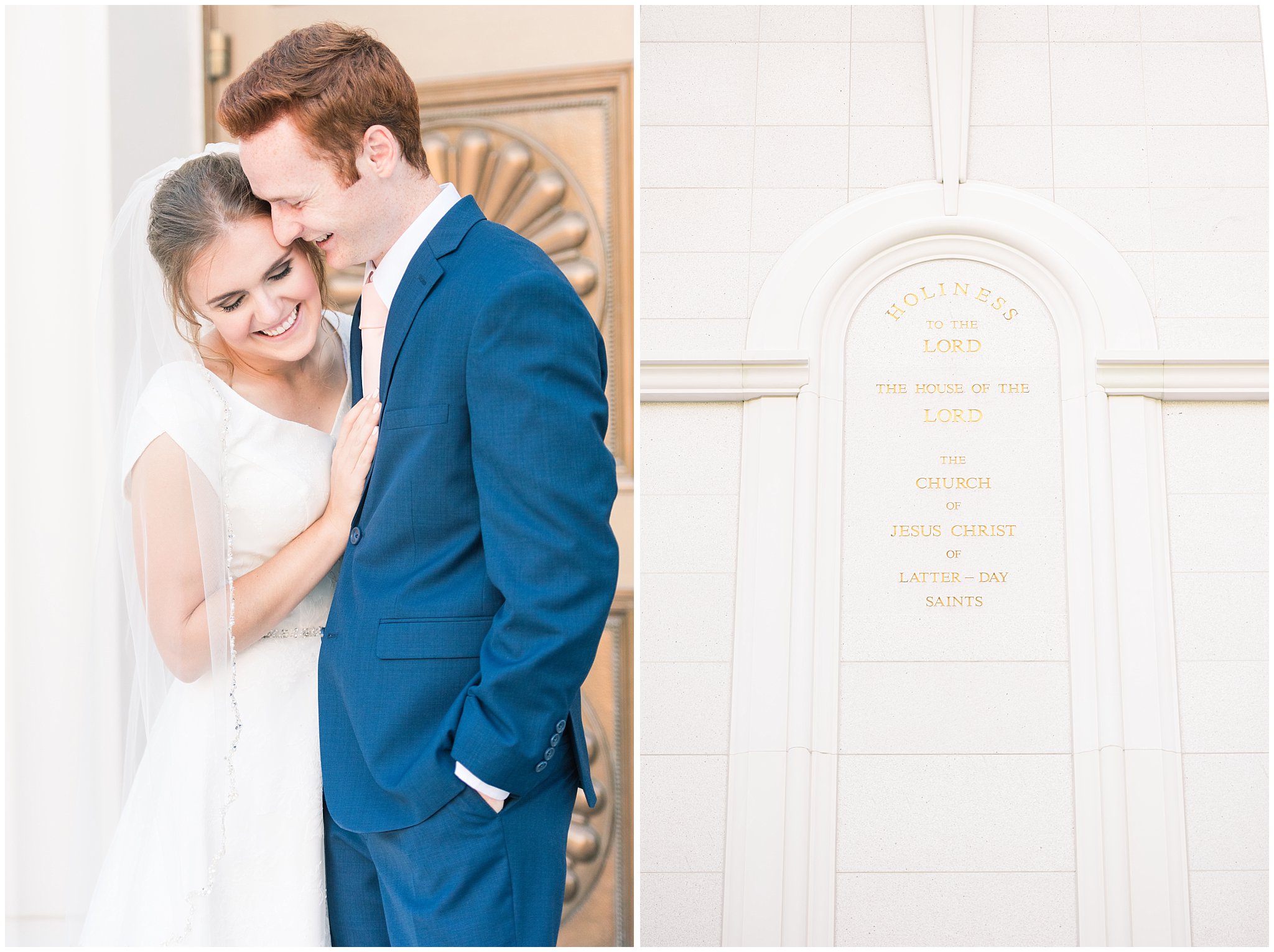 Bride and groom portraits with bride in simple elegant dress and veil, and groom in blue suit with blush tie at the Bountiful Temple | Bountiful Temple Summer Formal Session | Utah Weddings | Jessie and Dallin Photography