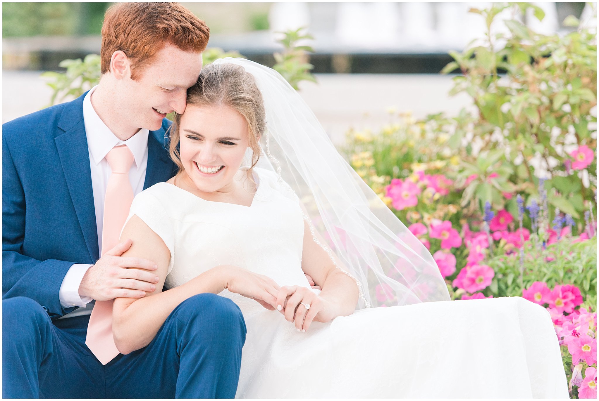 Bride and groom portraits with bride in simple elegant dress and veil, and groom in blue suit with blush tie at the Bountiful Temple | Bountiful Temple Summer Formal Session | Utah Weddings | Jessie and Dallin Photography